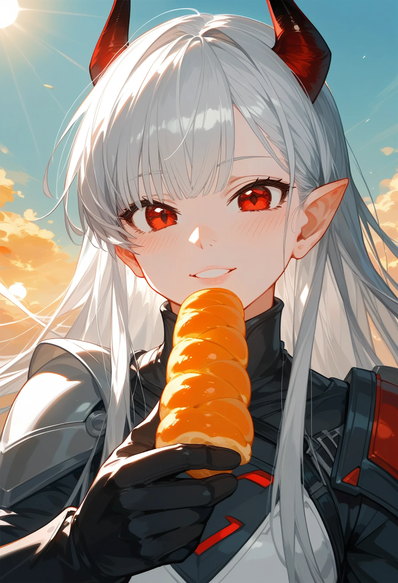 score_9,score_8_superior,score_7_superior,One Man,gloves,Food,Red eyes,alone,Long Hair,Gray Hair,black gloves,Face focus,View your viewers,Part your lips,Holding,Outdoor,null,bangs,Day,smile,blush,demon 角,Shorthand,sun,