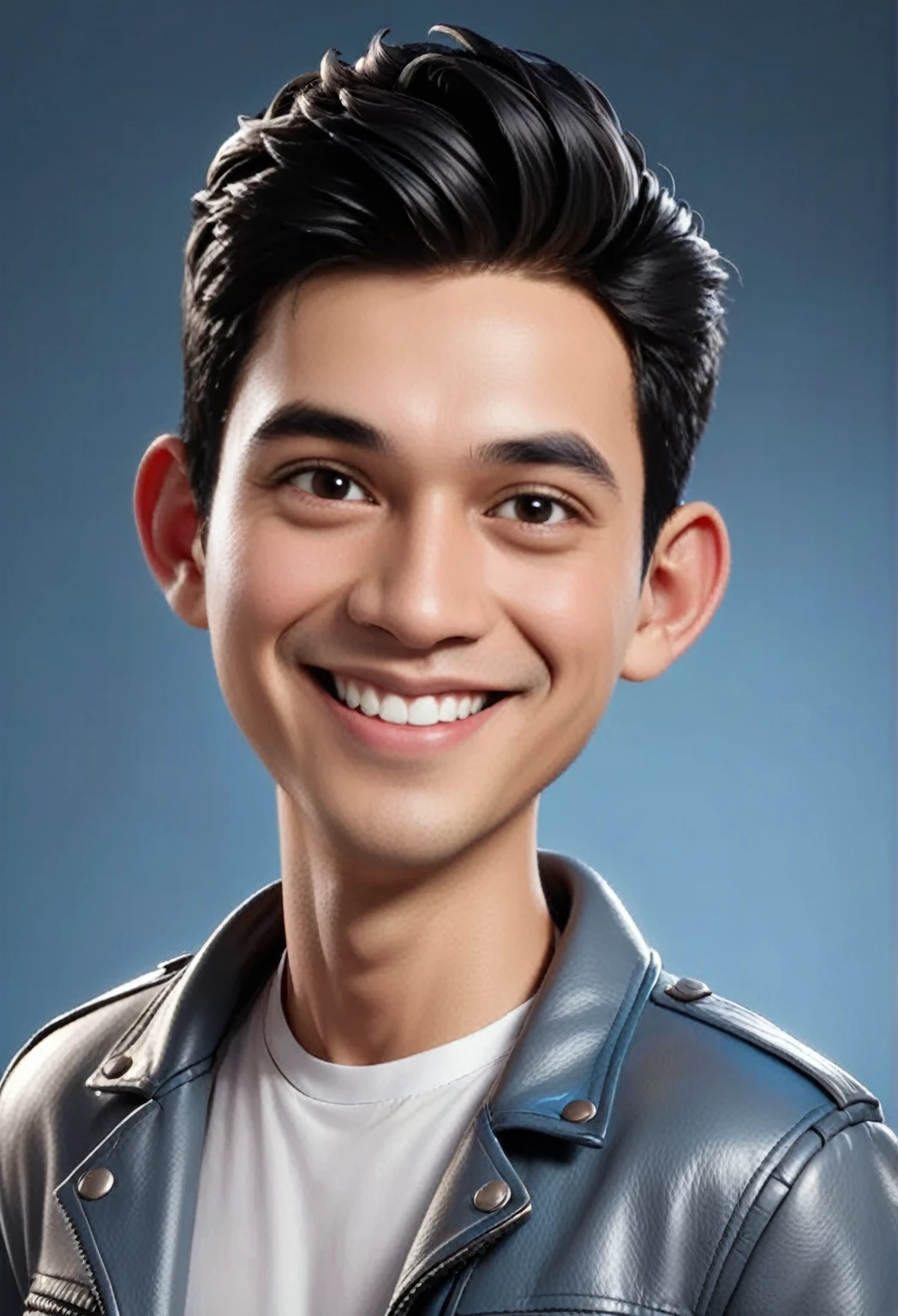 Create a 3D animation of a cartoon caricature with a big head. a 20 year old Indonesian man. He has short black hair parted on the right side. His face is oval with smooth lines, thick and neat black eyebrows, normal eyes, a big nose, and thin lips with a wide, friendly smile. He wore a light gray leather jacket over a white t-shirt. Gradient blue background with professional lighting. masterpiece, top quality, highly detailed skin and face, ultra-realistic, high definition, studio lighting, sharp focus, 2/3 body angle, Concept Art, 3D rendering.