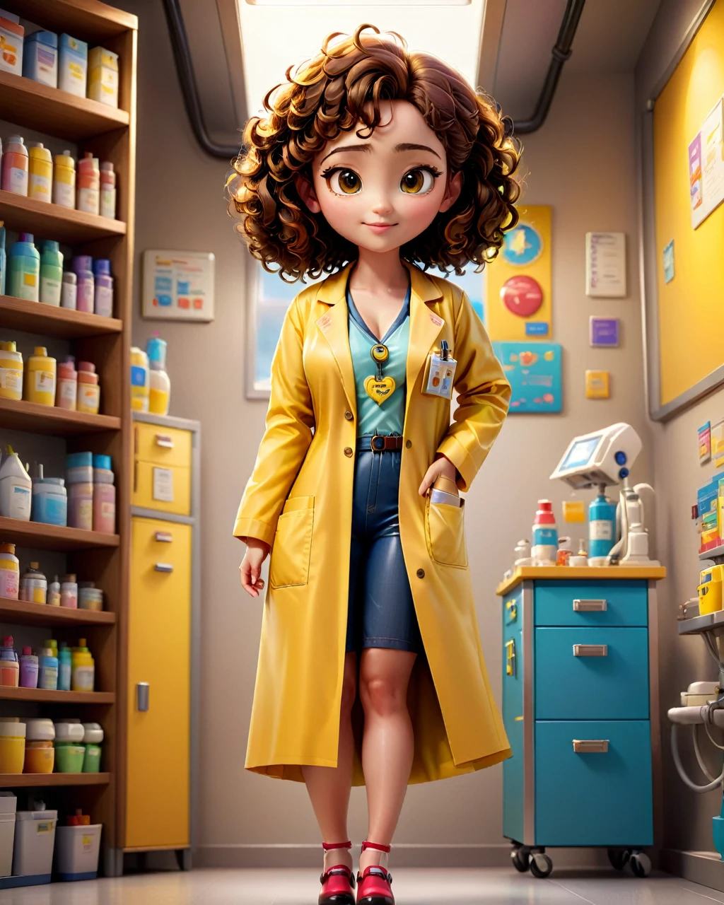 A beautiful young girl, realistic full body image of a beautiful girl, brown curly hair cut,wearing a doctor's coat with a yellow V neck undershirt, with big breasts.bright color octane rendering that is trending at the art station, doctor room background, beautiful, attractive, 3d rendering, cute pixar, inspired by Du Qiong, andrew dickson , realistic, 3D, cartoon style, well shaded, smooth, Pixar.