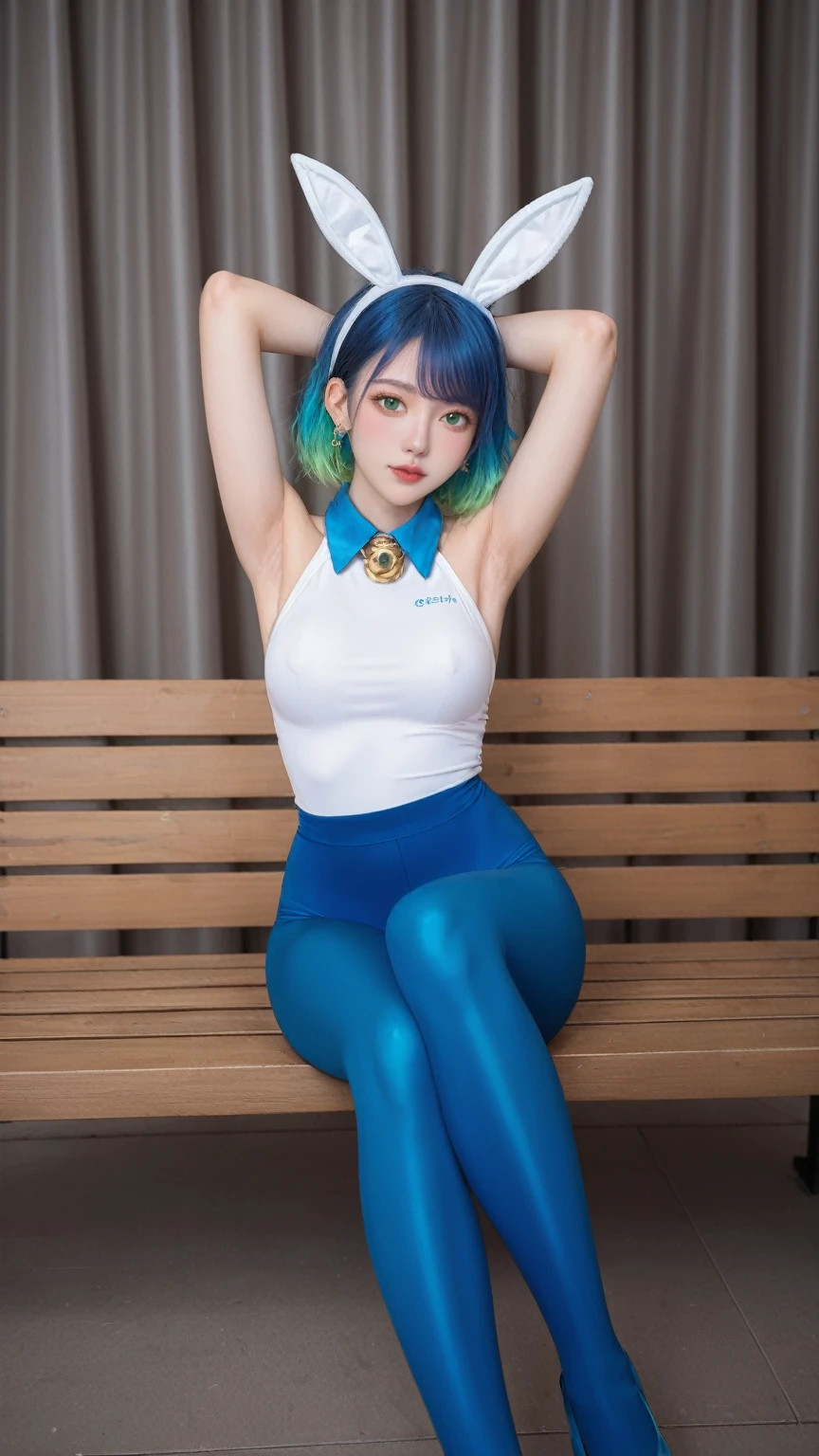 realistic,score_9, score_8_up, score_7_up, 
 1 girl, armpit, Put your arms behind your head, Bangs, bare shoulders, blue footwear, blue hair, blue tights, braid, Chest, brown lift your legs, shut your mouth, bench, cover navel, curtain, Split collar, earrings, Eyebrows visible through hair, fake Animal ears, gradient hair, green eyes, High heel, high legs, high legs tights, huge Chest, jewelry, large Chest, tights, light blush, looking at the audience, messy hair, colorful hair, on bench, Pillow, short hair, side lock, sitting, alone, swept Bangs, lift your legs, change through