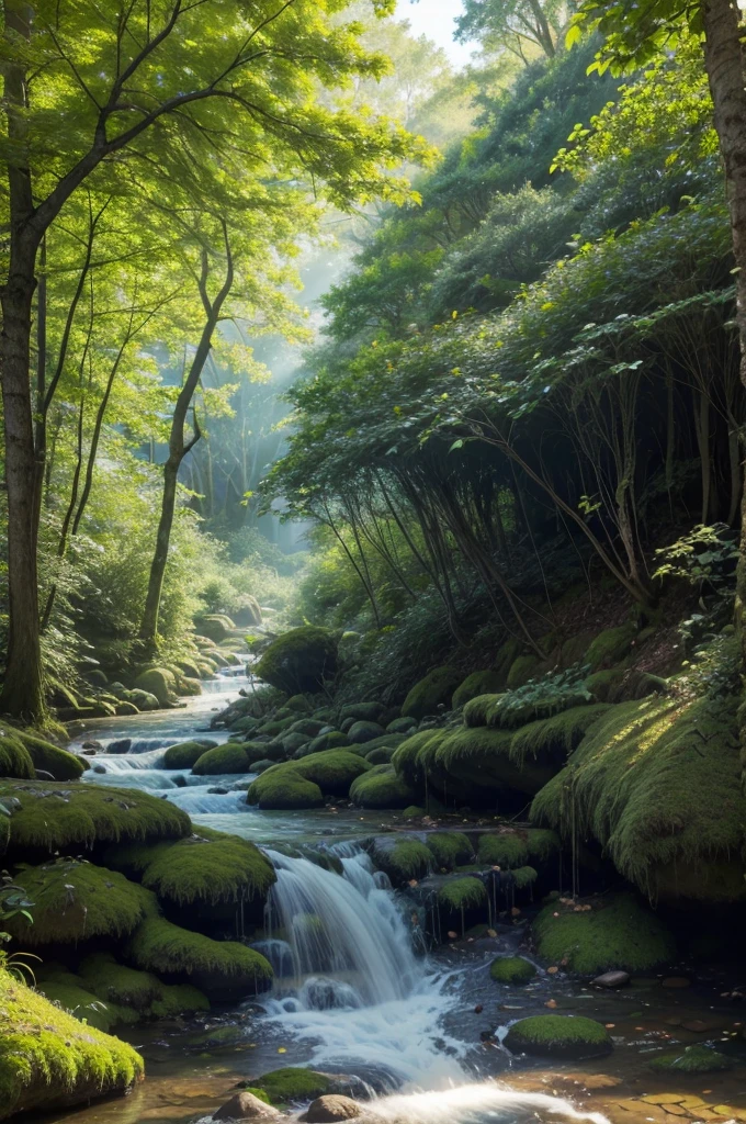 General Environment:
Time of the year: spring time.
TIME OF DAY: early morning, with the soft sunlight penetrating through the treetops.
Main Elements:
trees: Tall and slender, with thick, mossy trunks. Varied types, including oaks, pines and birches.
foliage: Dense and green, with leaves of various shapes and sizes. Some leaves have dewdrops shining in the sunlight.
wildflowers: Little dots of color on the forest floor, including daisies, violets and lilies of the valley.
Additional Elements:
dirt path: A narrow and winding trail, covered in fallen leaves and small stones.
creek: A clear stream running along the path, with crystal clear water and rounded stones.
fallen logs: Some fallen tree trunks, partially covered with fungi and creeping plants.
clareira: A small clearing bathed in sunlight, with tall grass and some flowers.
fauna:
Small animals: bunnies, squirrels and hedgehogs lurking among the vegetation.
birds: Various colorful birds, including cardinals, nightingales and woodpeckers, flying and landing on branches.
insects: Colorful butterflies, Bees buzzing around the flowers and ladybugs on the leaves.
atmosphere:
Light fog: A light morning mist hovering over the forest floor, giving a mystical touch.
lighting sun: Sun rays penetrating through the leaves, creating an effect of light and shadow on the floor.
Sons: The gentle sound of birds singing, leaves rustling and the stream running gently.
Specific Details:
colors: Predominance of vibrant greens, earthy browns and touches of bright colors from flowers and animals.
texturas: Varied surfaces, from the soft moss on the trunks to the dry leaves on the ground and the crystal clear water of the stream.
motion: Suggestion of movement with birds in flight, leaves swaying and stream water flowing.