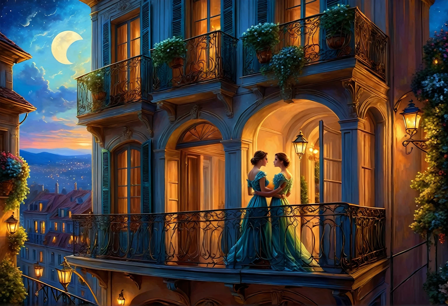painting of a couple standing on a balcony at night, romantic painting, romance novel cover, inspired by Evgeny Lushpin, romantic era painting, beautiful digital artwork, fairytale painting, inspired by Magali Villeneuve, elegant digital painting, balcony scene, magali villeneuve and monet, detailed fantasy digital art, romantic storybook fantasy, by Alexander Kucharsky