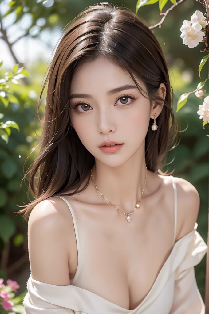 Beautiful slim legs,(((whole body))),Mouth slightly open, Off the shoulder, Beautiful girl, Hair that falls over the shoulders, Clear Eyes, Smooth Hair, Exquisite and perfect features, The most beautiful big eyes, Long eyelashes, The gentle eyes of a lying silkworm, Pouting, Dynamic Angle, Ultimate image quality, Highest precision, Accurate and perfect human body, necklace, Beautiful bust, close, Outdoor, The background is flowers and plants, Long Shot,