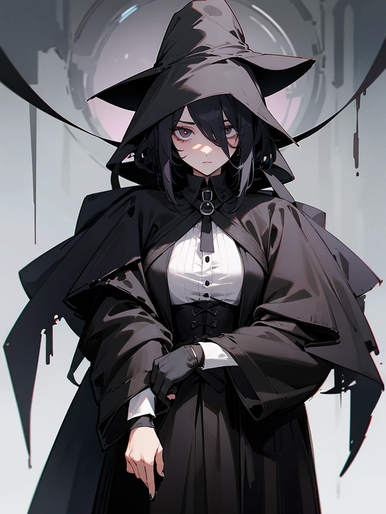 A female plague doctor. She would have totally black hair, her hair is short and messy. Her eyes would also be black and she would be very tall, having the appearance and stature of an adult. Her clothes would cover her entire body except for her face.