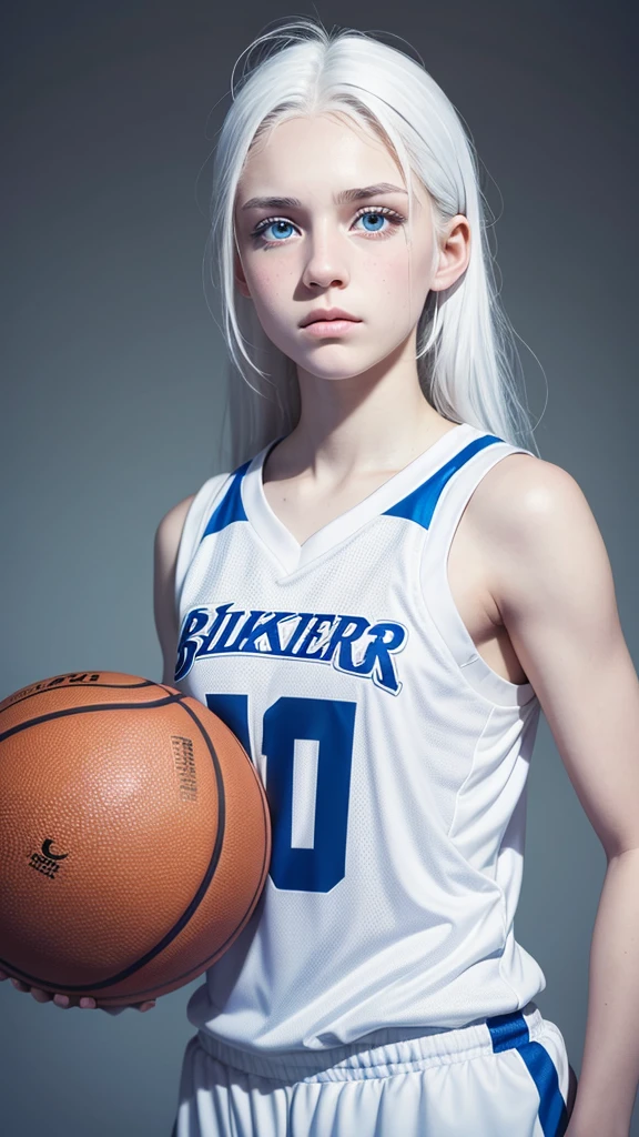 Basketball player, 16 year old girl with white hair, white skin and blue eyes, with a sad face