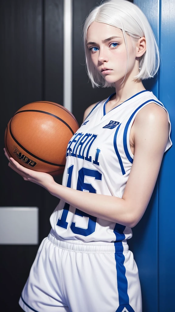 Basketball player, 16 year old girl with white hair, white skin and blue eyes, with a sad face