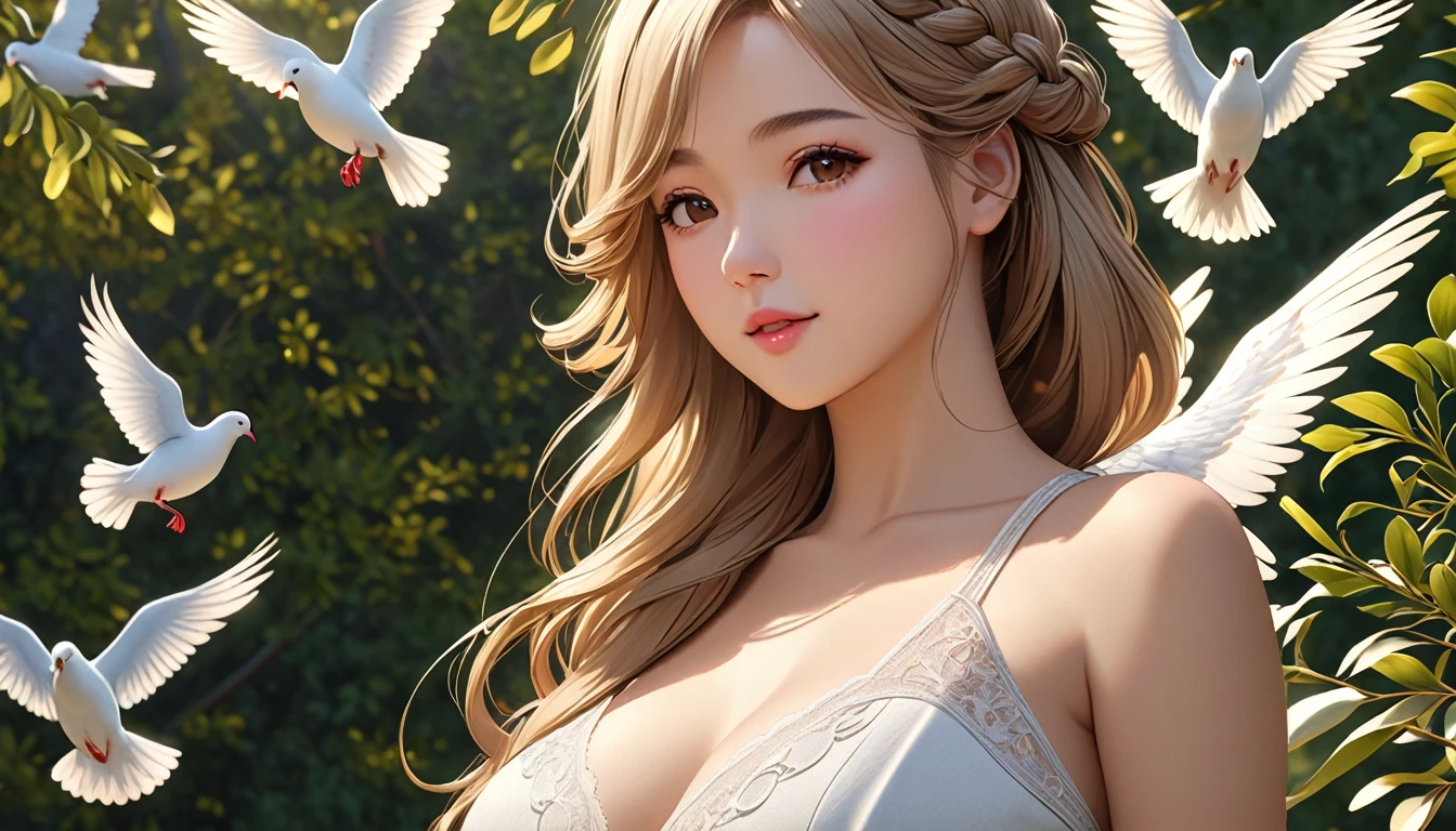 1 Mother Angel 29 years old,breast,large hips,white long frensh braided hairs,background with doves with an olive branch in its beak,natural environment, idyllic setting,(perfect female body:1.2),(gorgeous detailed skin),(detailed hair),quality\(8k,wallpaper of extremely detailed CG unit, ​masterpiece,hight resolution,top-quality,top-quality real texture skin,hyper realisitic,increase the resolution,RAW photos,best qualtiy,highly detailed,the wallpaper,cinematic lighting,ray trace,golden ratio\) 