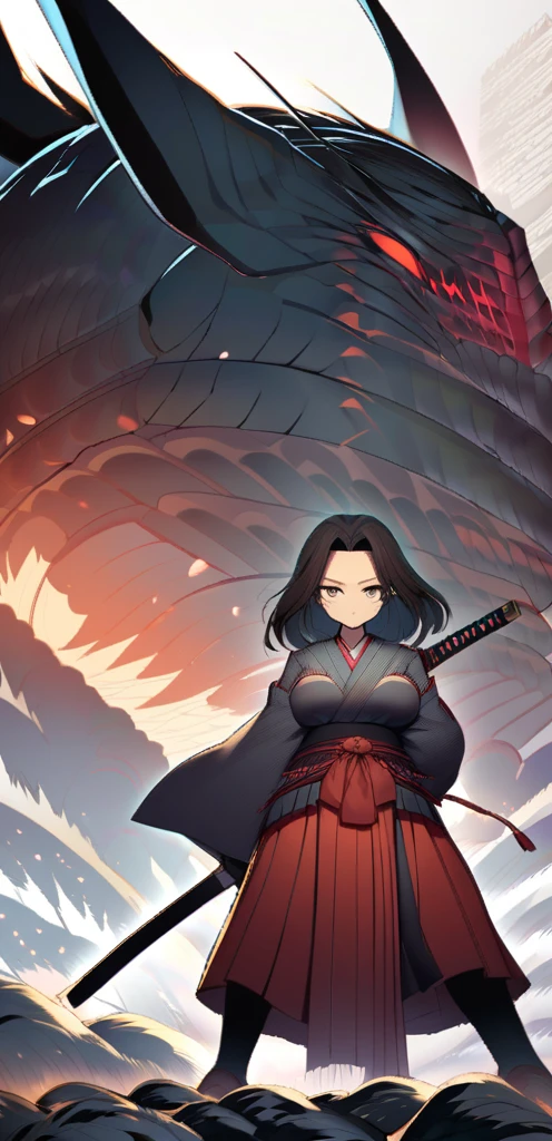 Samurai woman with giant, round breasts that measure twice her head, she has extremely wide hips, She wears a long, dark hakama that covers her body., holding katana, she has a serious look on her face, prepared for battle