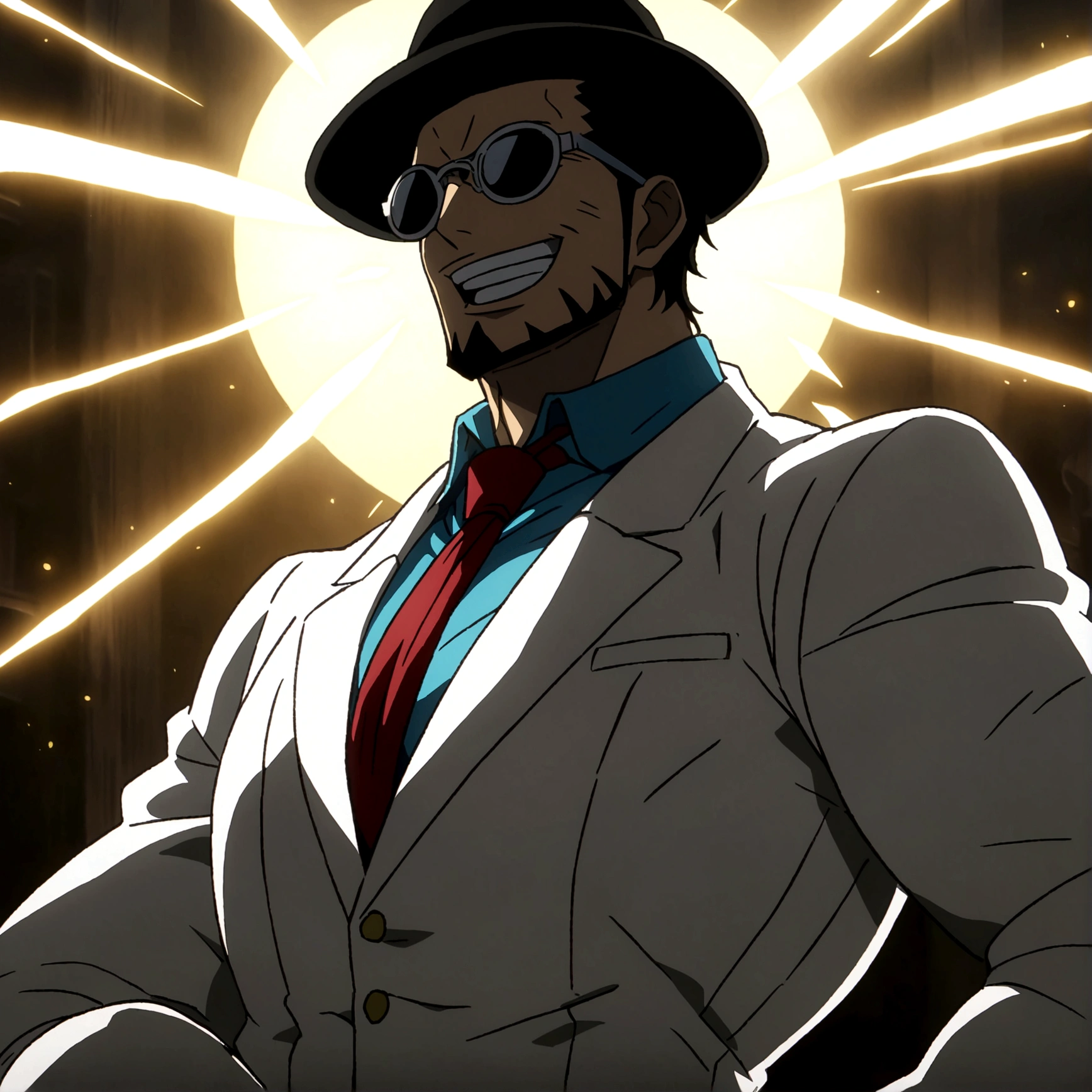 Tall Man, Slightly Muscular Body, Long Black Hair, White Suit, Red Tie, Black Hat, Sunglasses, Goatee, Black Gloves, Mad Scientist Smile, Mad Scientist, White Mechanical Arms, Laboratory Setting, ONE PIECE Inspired Anime Lines, Bathed in Drama, Amazing Lighting, Dramatic Lighting, Infused with Creative Details, Ultra-Fine 2D Drawing, Amazing Setting, Bathed in Creativity, Boasting HD Anime Resolution Clarity, HD Anime Graphics, High-Octane Rendering