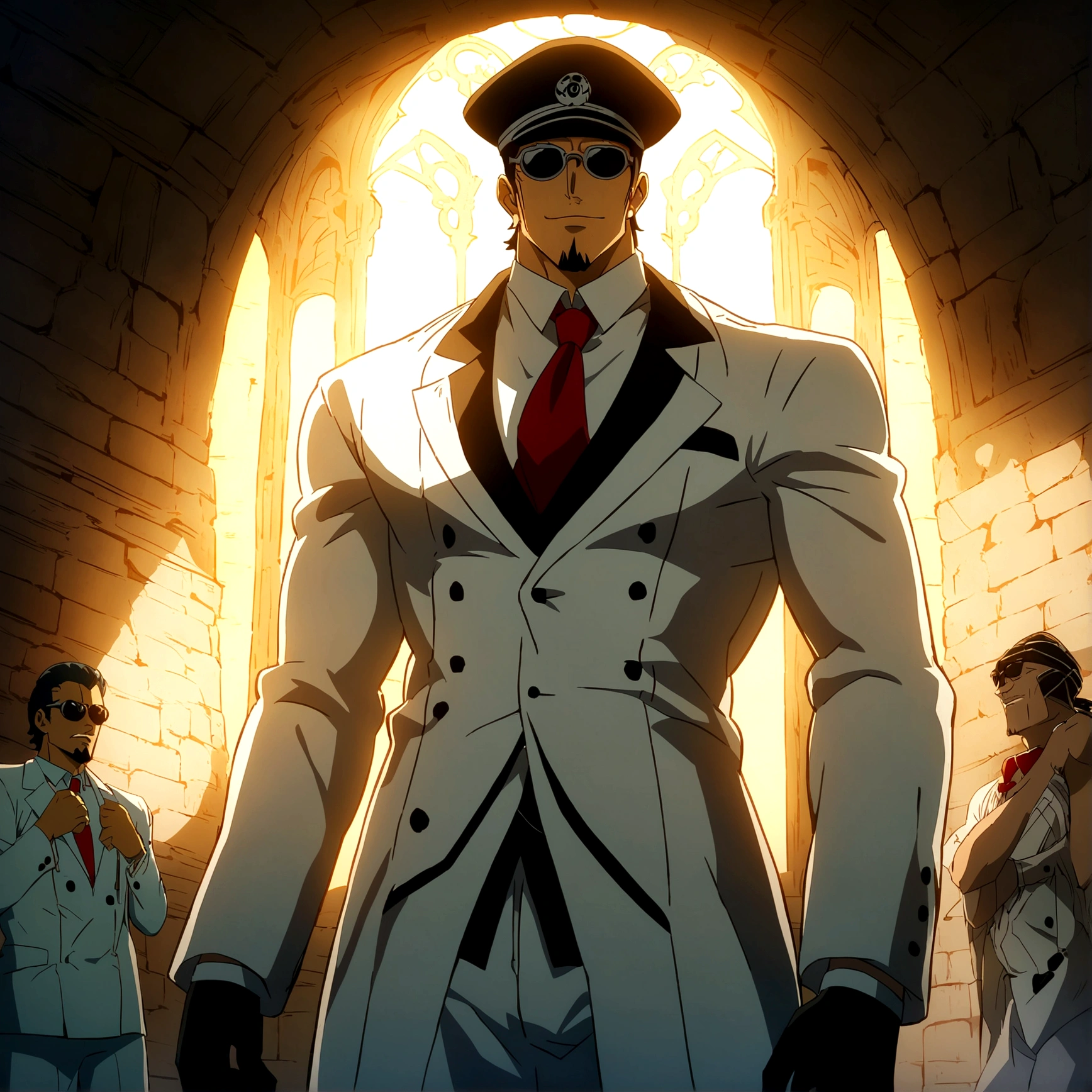 Tall Man, Slightly Muscular Body, Long Black Hair, White Suit, Red Tie, Black Hat, Sunglasses, Goatee, Black Gloves, Mad Scientist Smile, Mad Scientist, White Mechanical Arms, Laboratory Setting, ONE PIECE Inspired Anime Lines, Bathed in Drama, Amazing Lighting, Dramatic Lighting, Infused with Creative Details, Ultra-Fine 2D Drawing, Amazing Setting, Bathed in Creativity, Boasting HD Anime Resolution Clarity, HD Anime Graphics, High-Octane Rendering