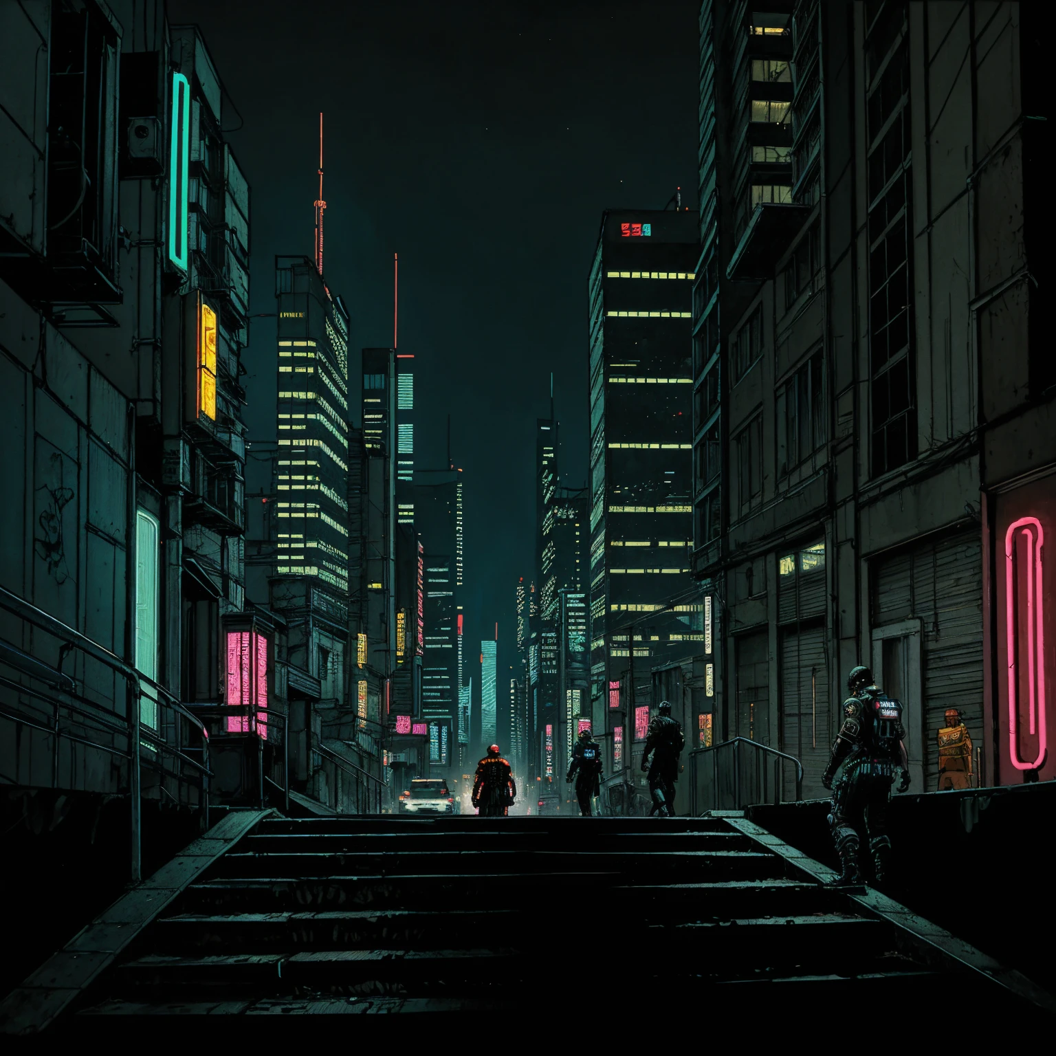(masterpiece), (cyberpunk street), (stairs), (cyberpunk city neon lights), (skyscrapers), (realistic illustration), (cinematic), (night), (city skylines)
