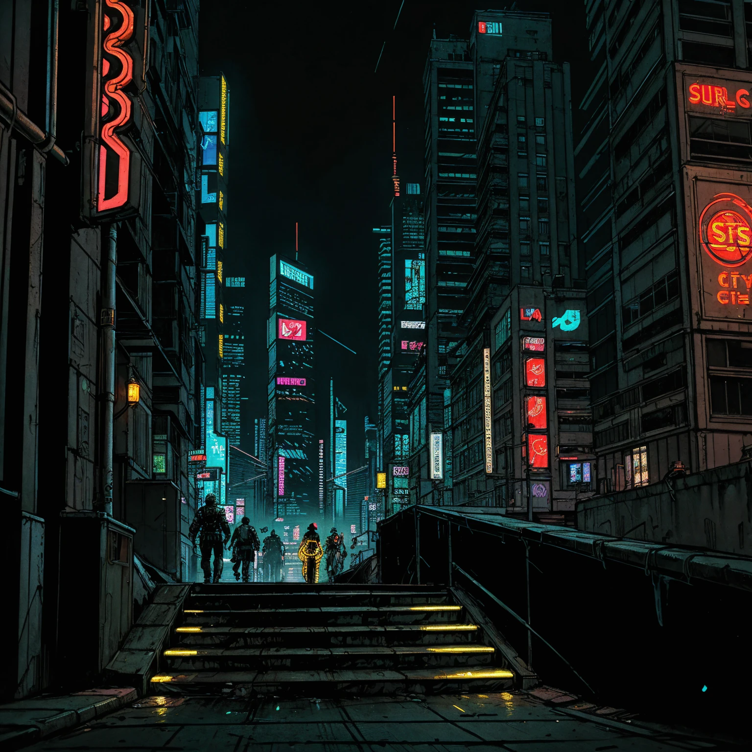 (masterpiece), (cyberpunk street), (stairs), (cyberpunk city neon lights), (skyscrapers), (realistic illustration), (cinematic), (night), (city skylines)