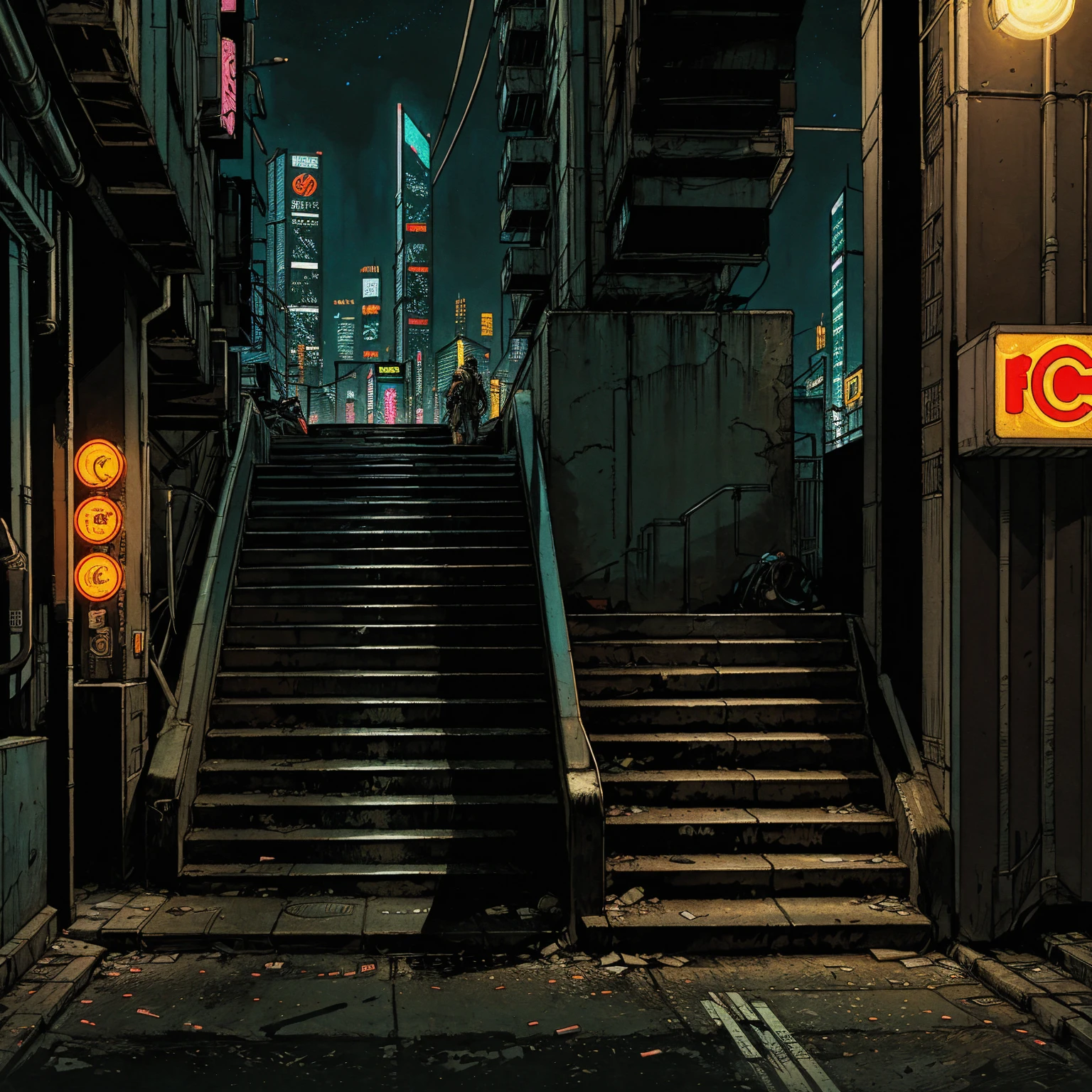 (masterpiece), (cyberpunk street), (stairs), (cyberpunk city neon lights), (skyscrapers), (realistic illustration), (cinematic), (night), (city skylines)