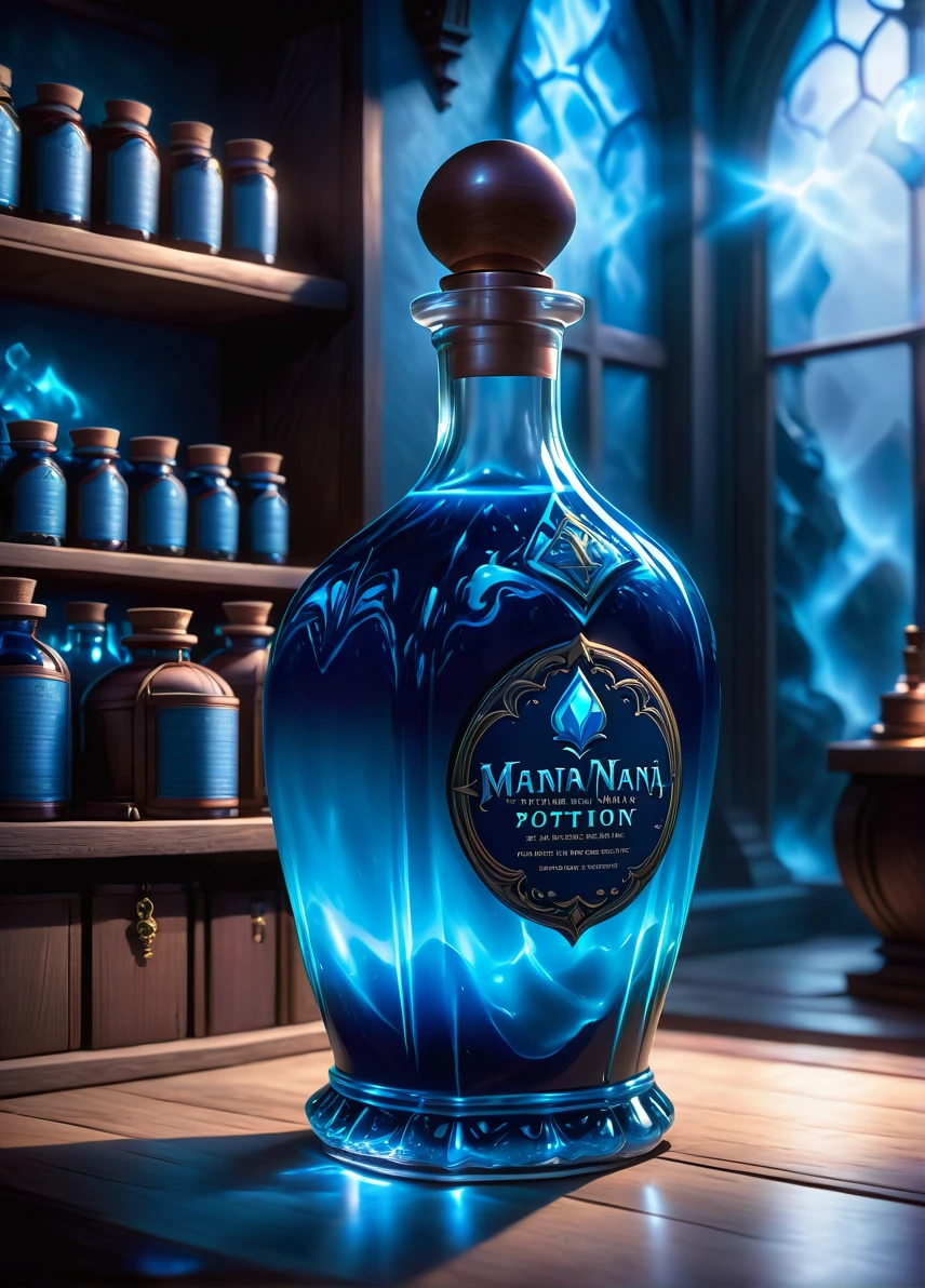 mana potion, (blue liquid in bottle: 1.6), (light blue glow: 1.5), potion shop background, ((looking at viewer:1.2), (from side:0.8)), volumetric lighting dynamic lighting, real shadows, vibrant contrasting colors, style of Stephen Hickman and Stan Manoukian, ultra realistic, masterpiece, high quality, highres, sharp focus, intricate, sharp details, highly detailed, rich color, 8K,