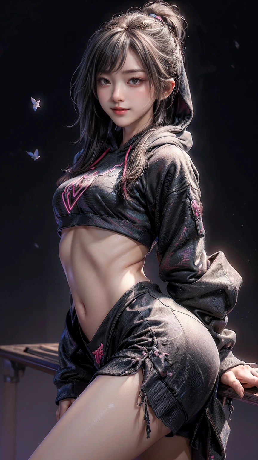 ((masterpiece, 最好of质量, Highest image quality, high resolution, Reality, RAW photos, 8K)), Ultra wide angle, girl, (Lower Bust:1.4),Big sagging breasts、(Smile:1.5)，Colored undercoat,长长of灰白头发:1.5,复杂of发型,(((neon_粉色of_With eyes:1.3))),复杂of眼睛,美丽而精致of眼睛,Symmetrical eyes)),(Lower abdomen,Willow Waist,Wide hips,Athlete physique detailed subject), 可爱of大乳房,of,((((Cropped Hoodie,)))), (Dynamic poses:1.0),Just focus,Embarrassing,(Centrally located,Scale to Fit,Rule of Thirds), Neon lights are particularly eye-catching, very bright neon light,at night, starry night, universe, Art Photography,(Photo by sldr),high resolution, Focus, (写实of艺术品:1.37),(extremely detaildof CG unified 8k wallpapers),((Synthwave Background Theme)),(((Colorful empty background,(tmasterpiece),(最好of品质),Itof a perfect face,完美of面部细节,逼真of脸,Live photos,Analog style,((复杂of细节)),(((实际of))),