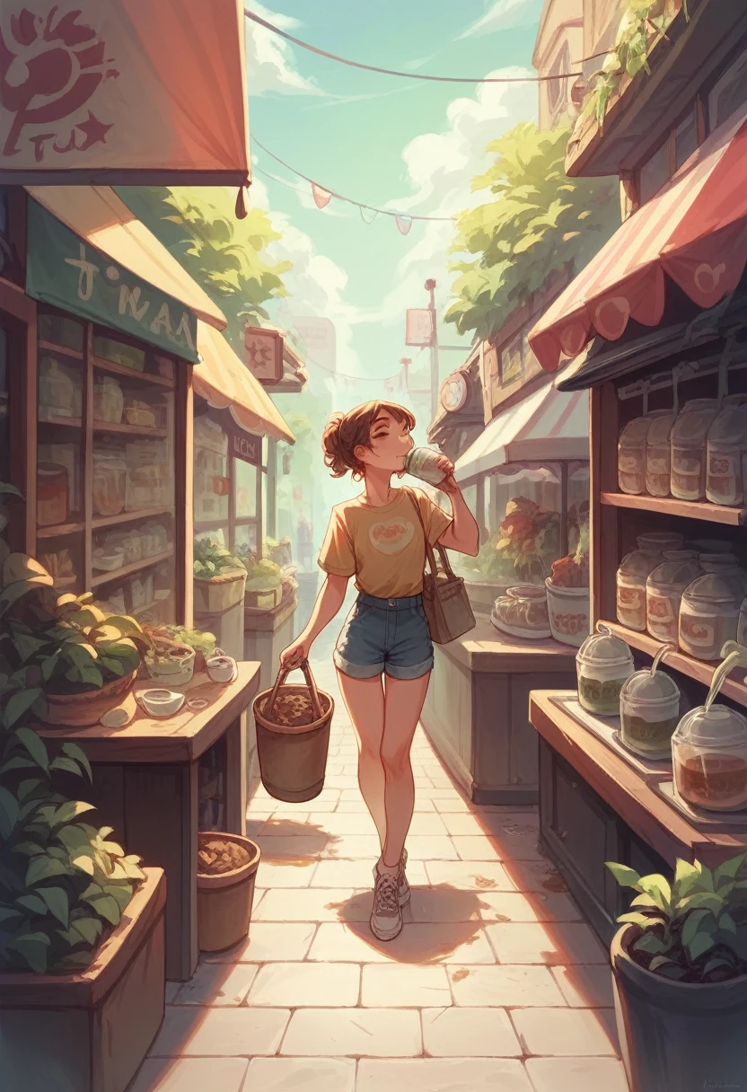 a realistic young good looking with nice body drinking tea in a shop named TEA DEGREE