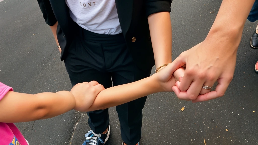 On the street, a 30-year-old rich woman holding the hand of a poor, dirty 8-year-old boy
