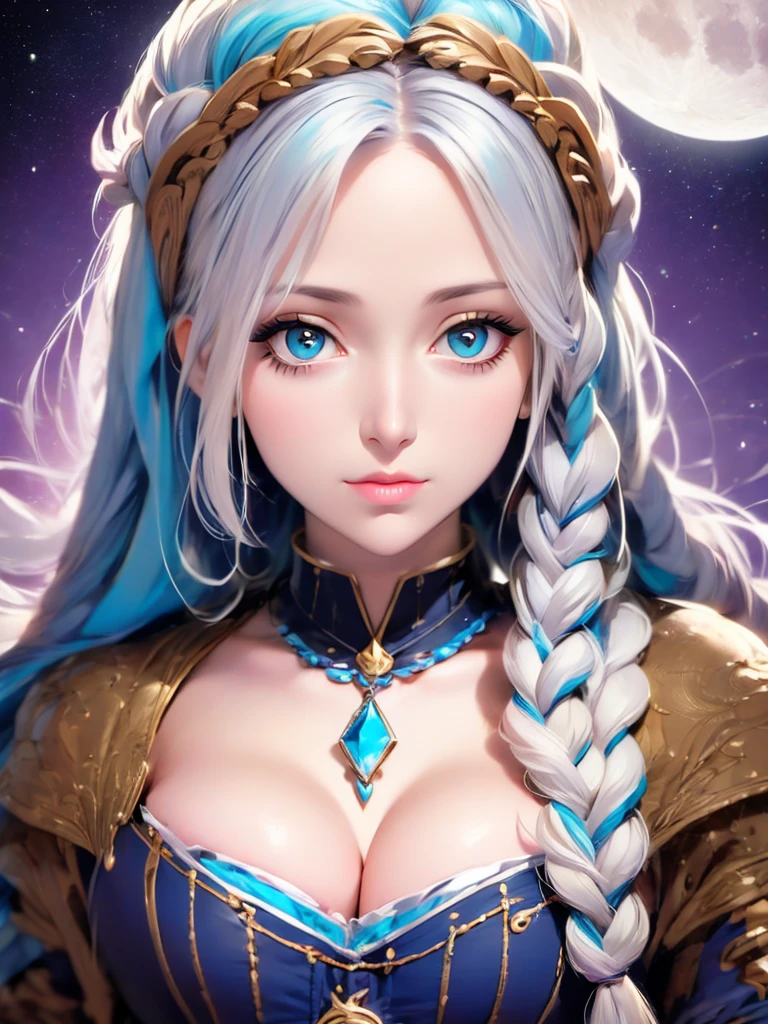 a close up of a woman with long blue hair and a moon, jen bartel, moon goddess, lunar goddess, goddess of the moon, cosmic goddess, goddess of space and time, beautiful celestial mage, celestial goddess, fantasy art style, blue diamond, high priestess, portrait of a norse moon goddess, maya ali as a storm sorcerer