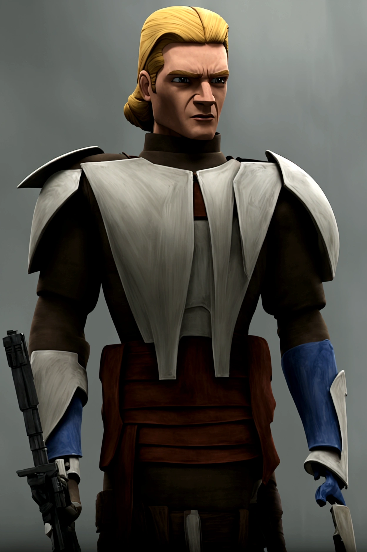 starwars clone wars art style with shading, age 20 muscular brawny burly man of Anglo-Saxon descent, pure pale ash white skin, subtle grin, long scarlet red hair with thick red eyebrows a 5 o'clock shadow and red eyes, holding his greatsword hilt, the lightsaber blade is viridian green and cloaked in lightning, black half plate armor with leather accents and boots, lit space station background.