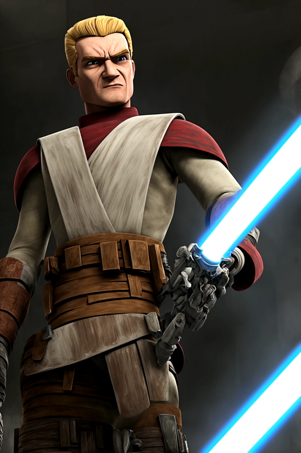 starwars clone wars art style with shading, age 20 muscular brawny burly man of Anglo-Saxon descent, pure pale ash white skin, subtle grin, long scarlet red hair with thick red eyebrows a 5 o'clock shadow and red eyes, holding his greatsword hilt, the lightsaber blade is viridian green and cloaked in lightning, black half plate armor with leather accents and boots, lit space station background.