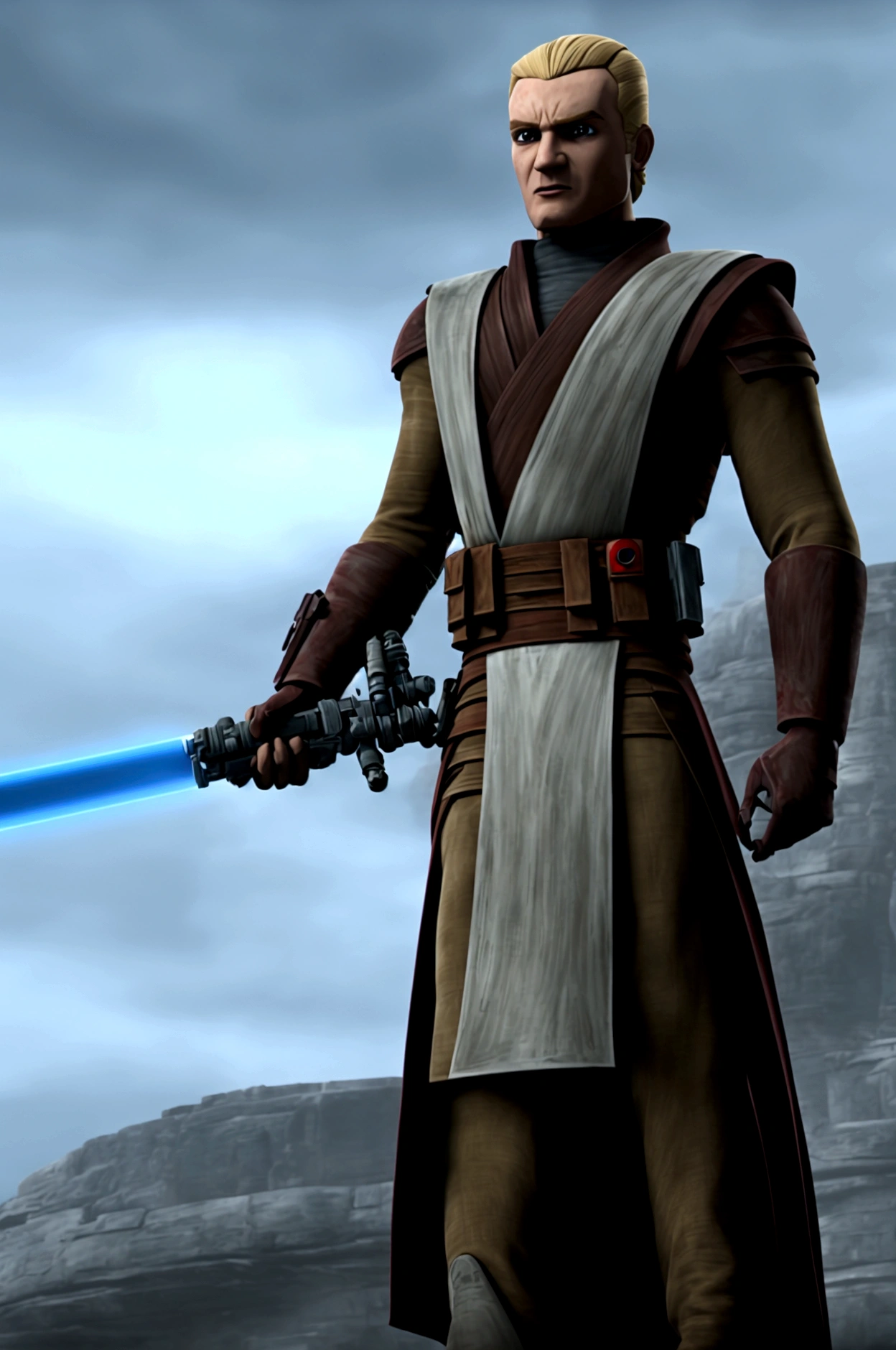 starwars clone wars art style with shading, age 20 muscular brawny burly man of Anglo-Saxon descent, pure pale ash white skin, subtle grin, long scarlet red hair with thick red eyebrows a 5 o'clock shadow and red eyes, holding his greatsword hilt, the lightsaber blade is viridian green and cloaked in lightning, black half plate armor with leather accents and boots, lit space station background.