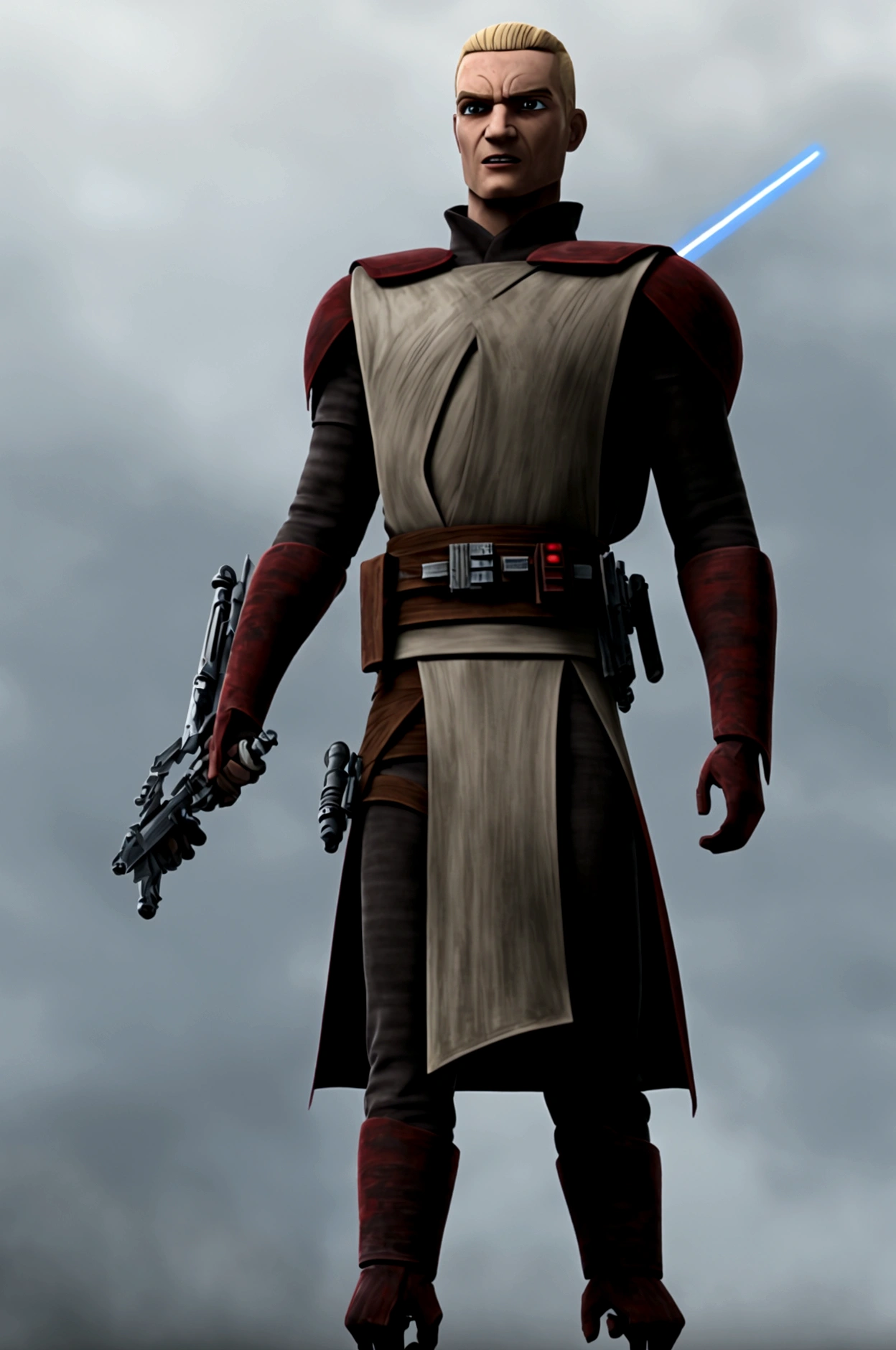 starwars clone wars art style with shading, age 20 muscular brawny burly man of Anglo-Saxon descent, pure pale ash white skin, subtle grin, long scarlet red hair with thick red eyebrows a 5 o'clock shadow and red eyes, holding his greatsword hilt, the lightsaber blade is viridian green and cloaked in lightning, black half plate armor with leather accents and boots, lit space station background.