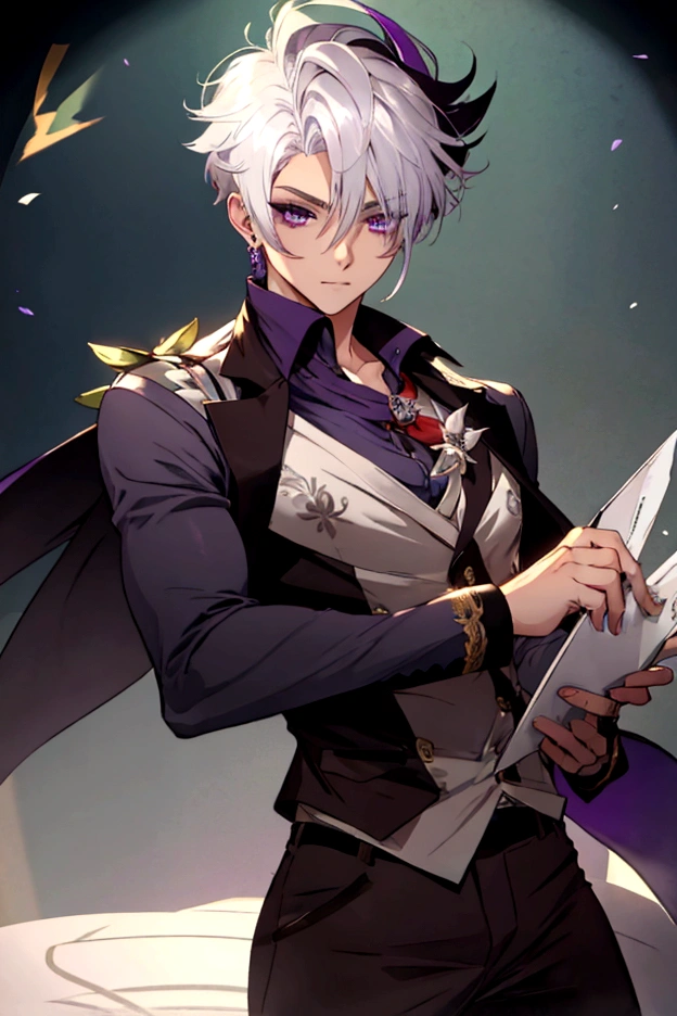Semi-short white hair stuck to the sides, purple eyes