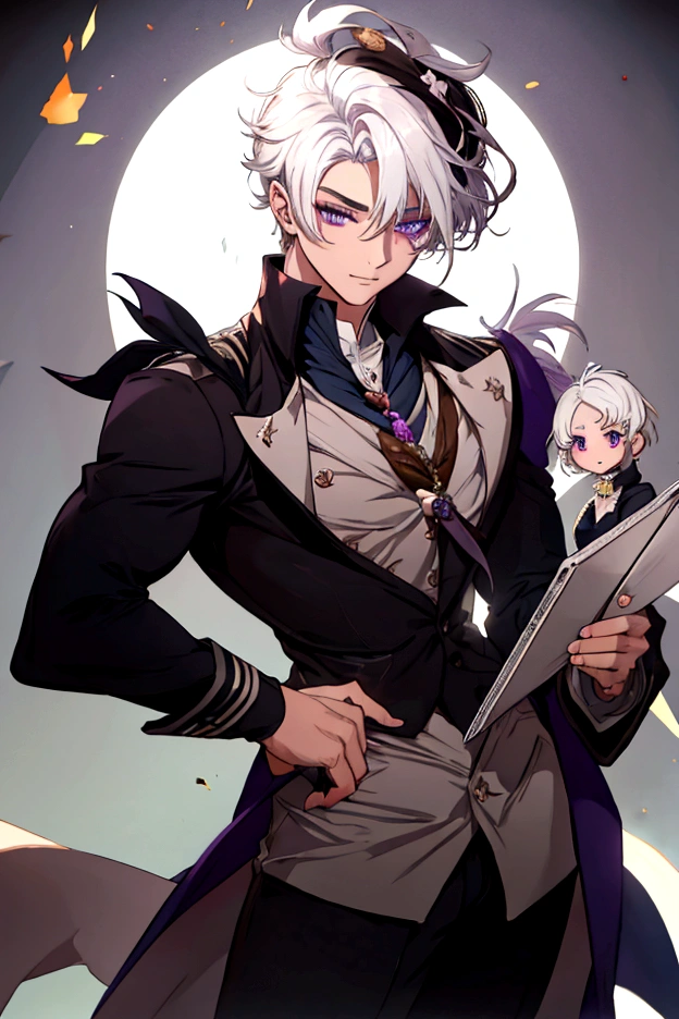Semi-short white hair stuck to the sides, purple eyes