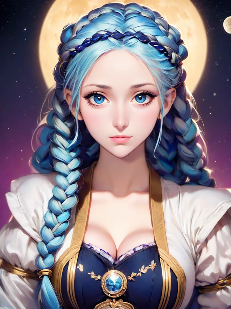 a close up of a woman with long blue hair and a moon, jen bartel, moon goddess, lunar goddess, goddess of the moon, cosmic goddess, goddess of space and time, beautiful celestial mage, celestial goddess, fantasy art style, blue diamond, high priestess, portrait of a norse moon goddess, maya ali as a storm sorcerer