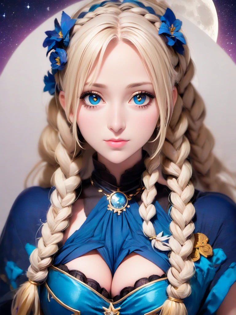 a close up of a woman with long blue hair and a moon, jen bartel, moon goddess, lunar goddess, goddess of the moon, cosmic goddess, goddess of space and time, beautiful celestial mage, celestial goddess, fantasy art style, blue diamond, high priestess, portrait of a norse moon goddess, maya ali as a storm sorcerer