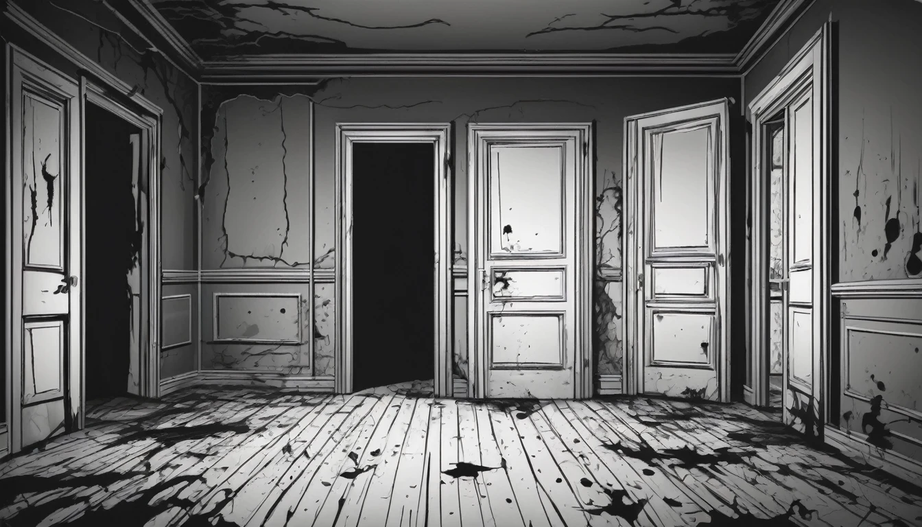 make a room with a dark apocalyptic setting, In this room there is a person looking at the door and wearing a backpack on their back., the door is open and there are 2 rotting zombies with exposed wounds and sinister eyes heading towards the person in the room to attack them..
