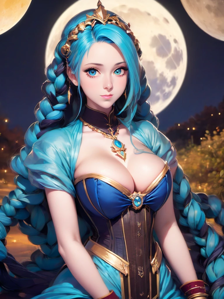 a close up of a woman with long blue hair and a moon, concept art inspired by Lois van Baarle, Artstation, fantasy art, jen bartel, moon goddess, lunar goddess, goddess of the moon, cosmic goddess, goddess of space and time, beautiful celestial mage, celestial goddess, fantasy art style, blue diamond, high priestess