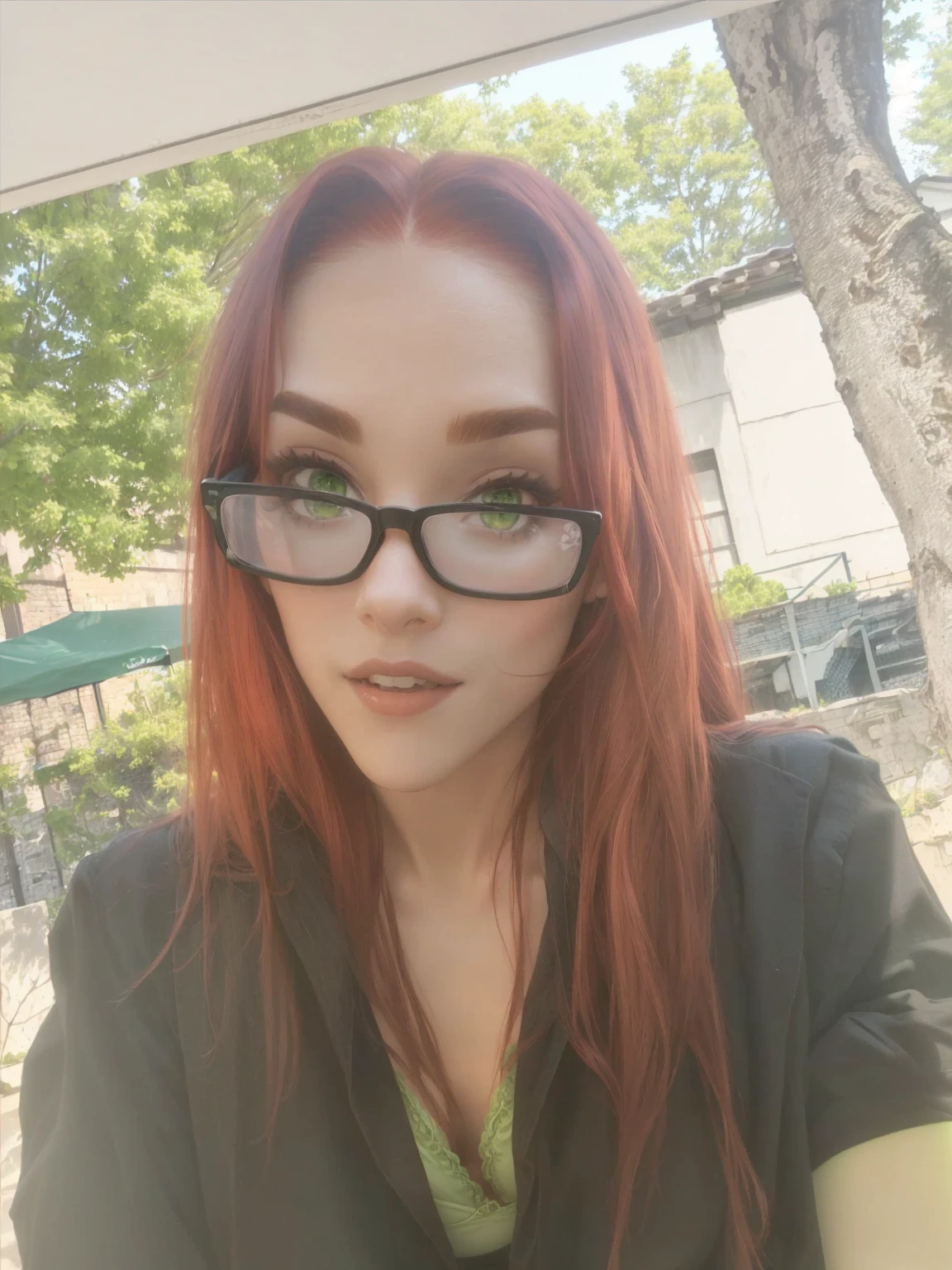 Red hair, glasses, big , Thin waist, excited, green underwear, black long stockings
