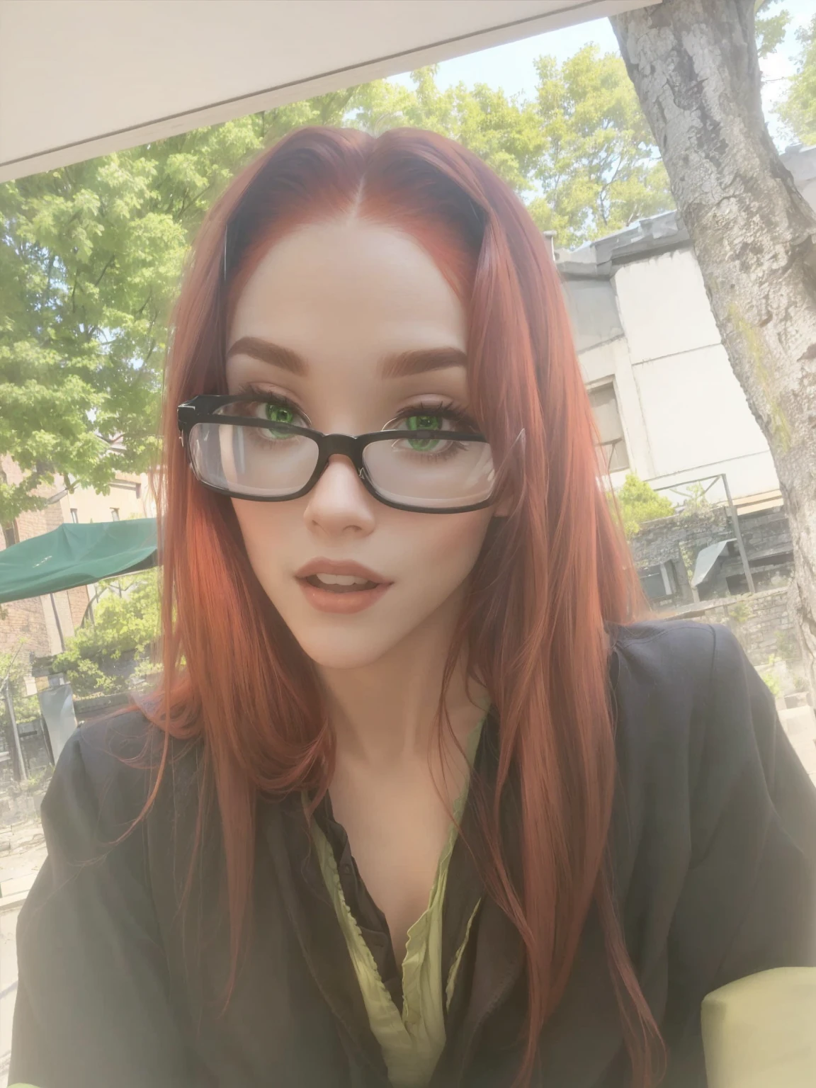 Red hair, glasses, big , Thin waist, excited, green underwear, black long stockings