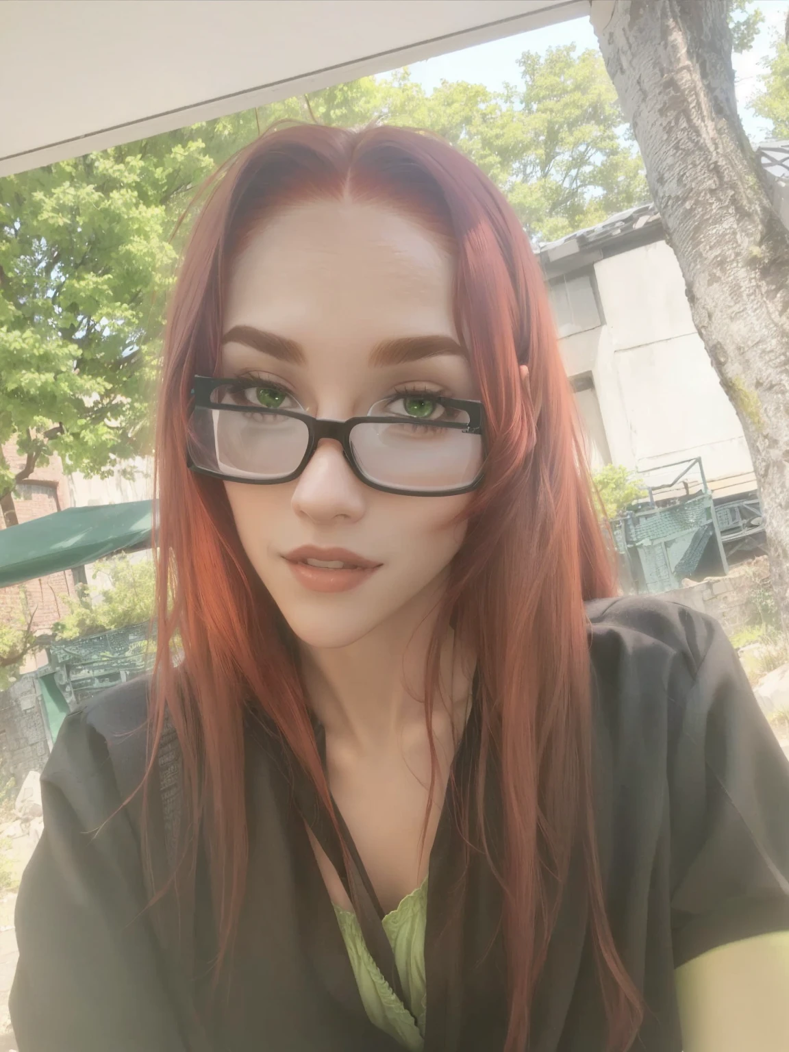 Red hair, glasses, big , Thin waist, excited, green underwear, black long stockings