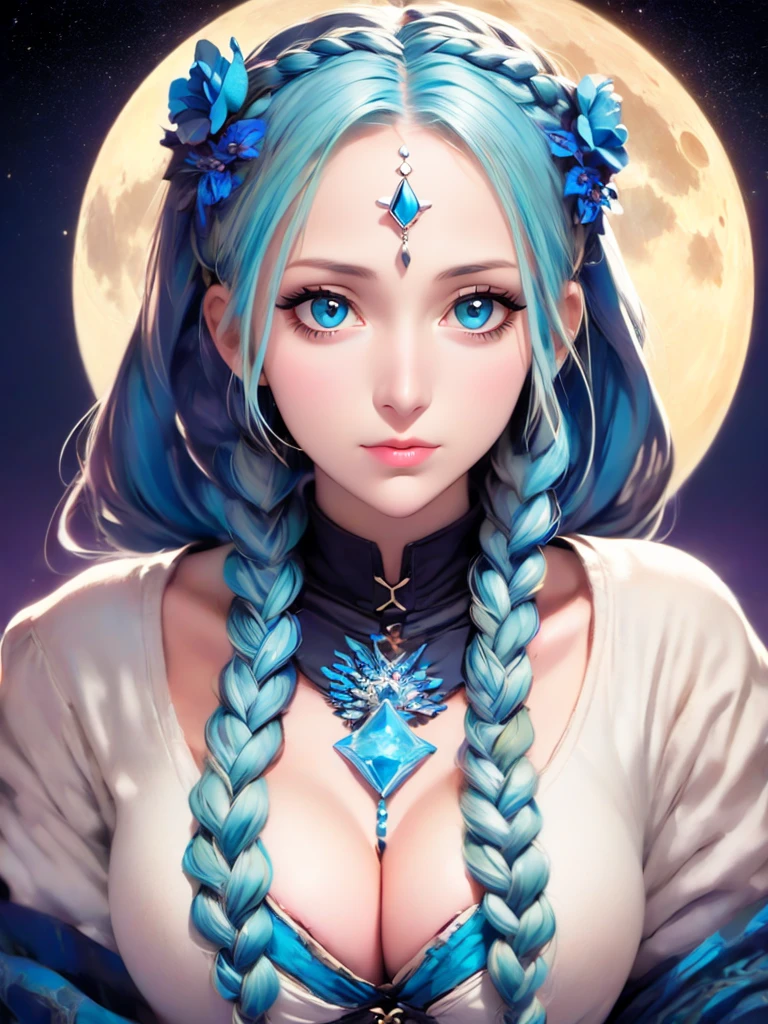 a close up of a woman with long blue hair and a moon, jen bartel, moon goddess, lunar goddess, goddess of the moon, cosmic goddess, goddess of space and time, beautiful celestial mage, celestial goddess, fantasy art style, blue diamond, high priestess, portrait of a norse moon goddess, maya ali as a storm sorcerer