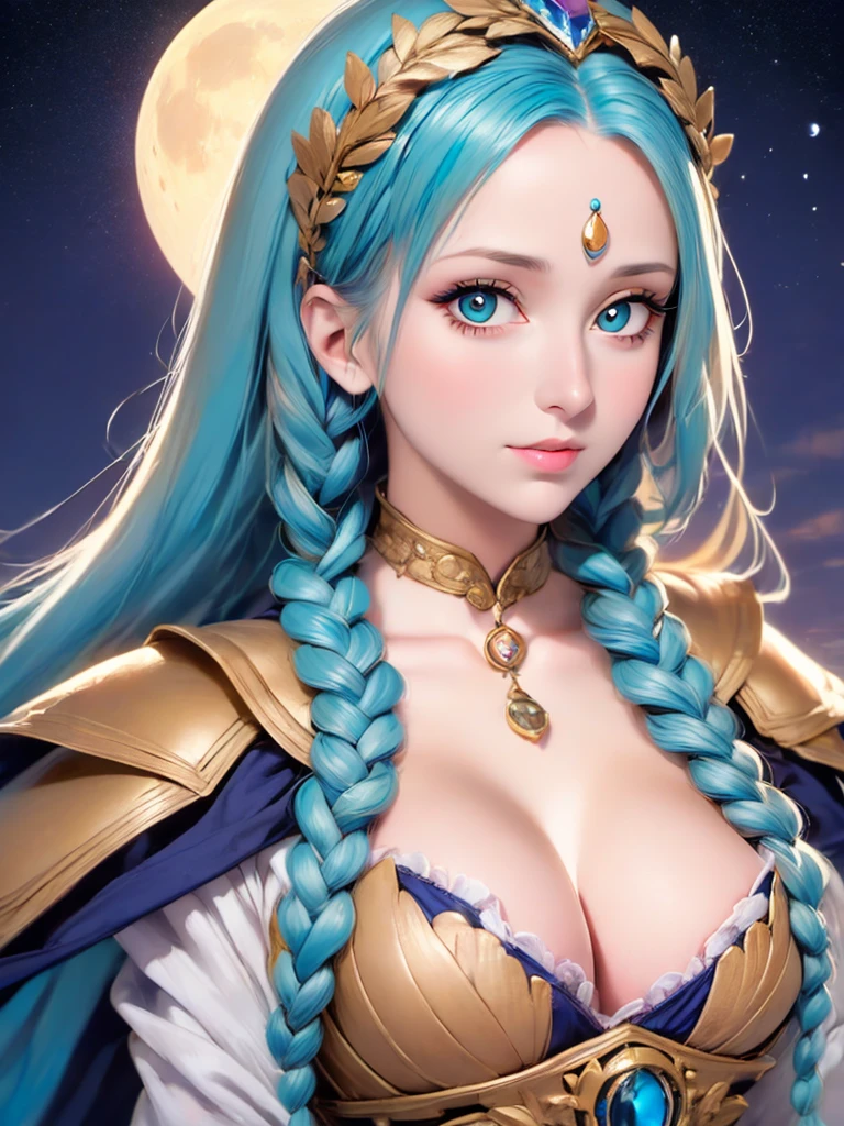 a close up of a woman with long blue hair and a moon, jen bartel, moon goddess, lunar goddess, goddess of the moon, cosmic goddess, goddess of space and time, beautiful celestial mage, celestial goddess, fantasy art style, blue diamond, high priestess, portrait of a norse moon goddess, maya ali as a storm sorcerer