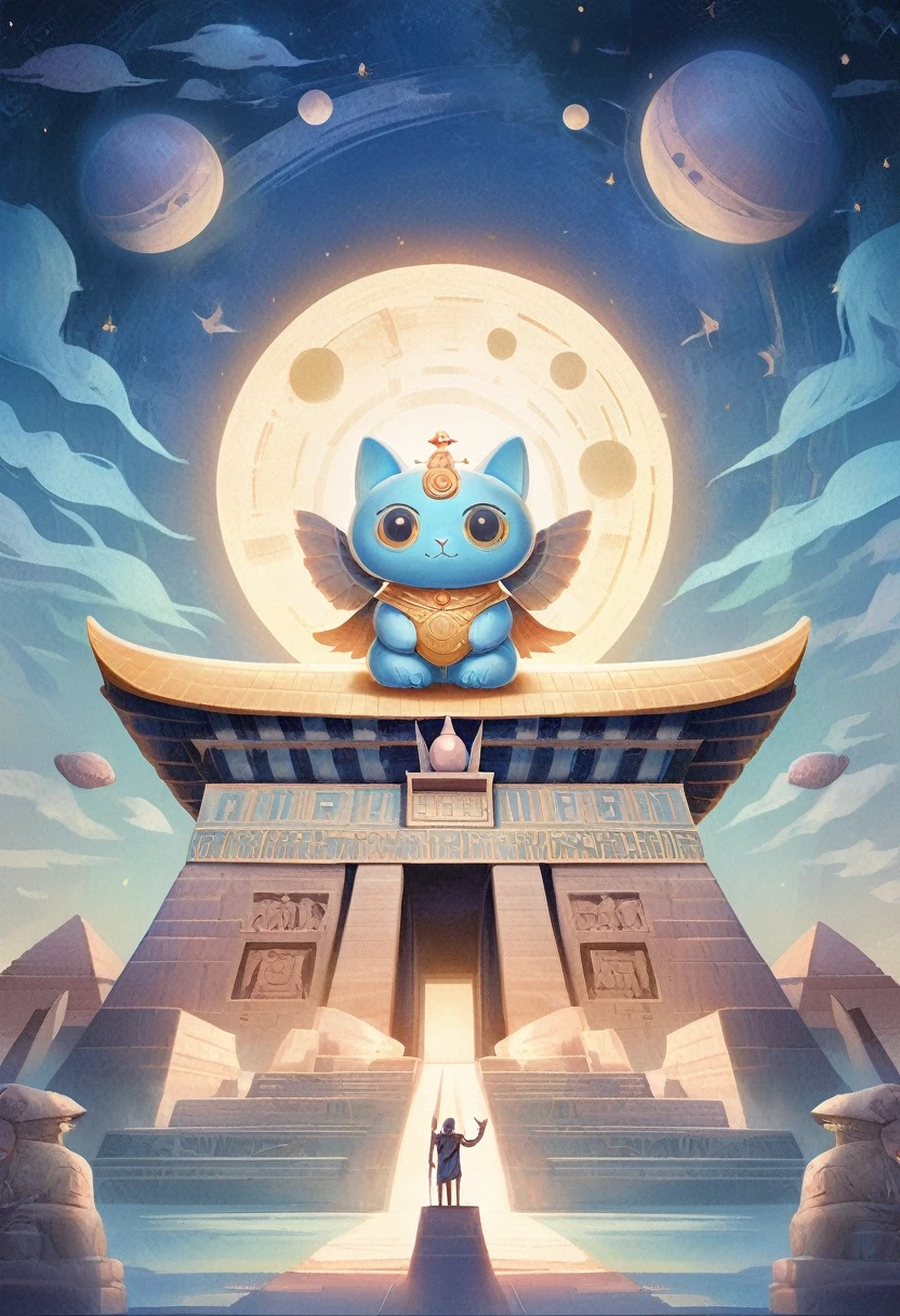 Center the composition,Symmetrical composition,A cute Pixiu stands in front of an ancient Egyptian temple,The image of a flying saucer flashes in the sky,The background is ancient stone sculptures and the mysterious night sky