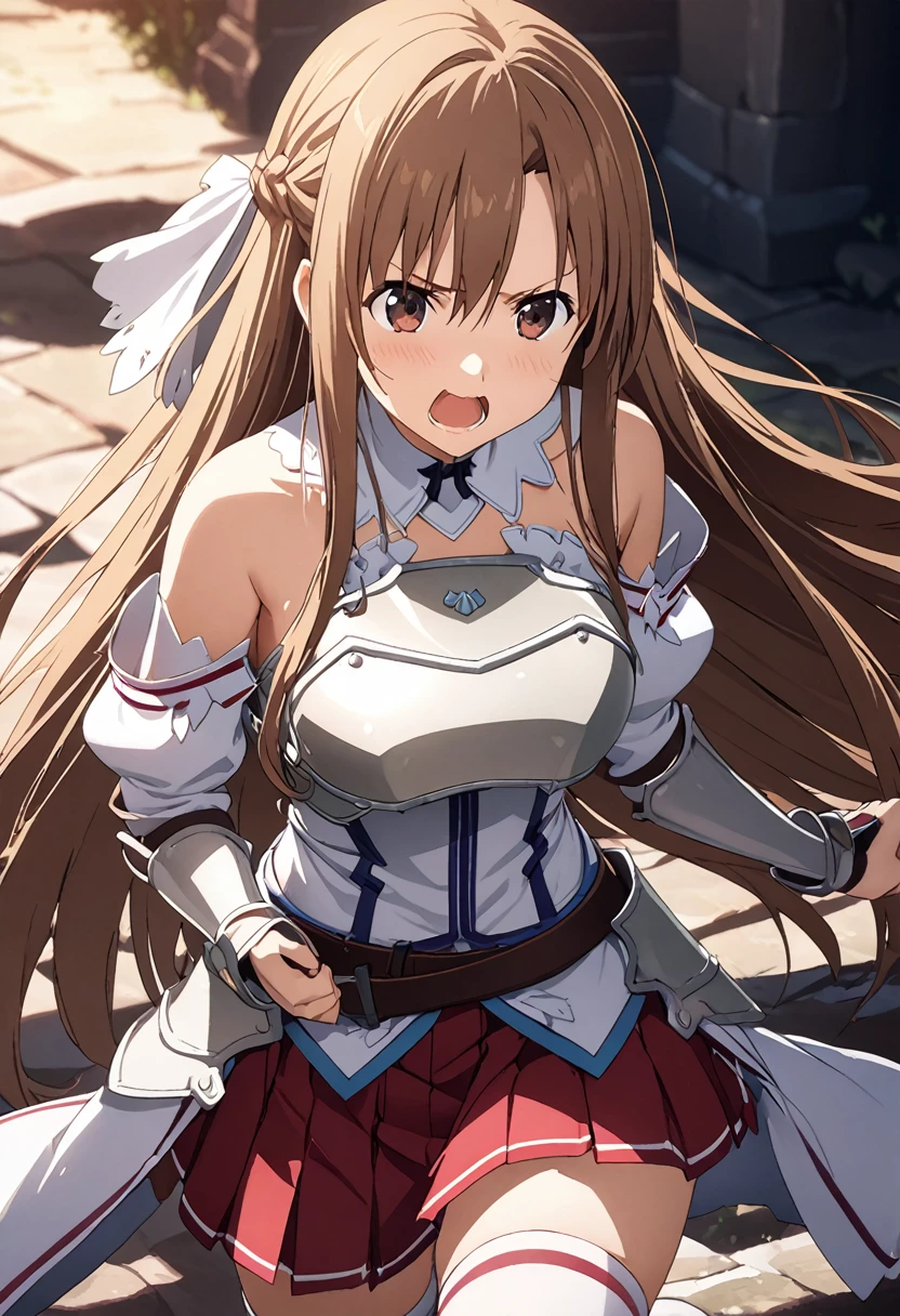 Highest quality、Super detailed、High resolution illustrations、Ultra-high-definition CG、8k size wallpaper、Production Art、Light novel illustrations、asuna yuuki, long hair, brown hair, brown eyes,
skirt, thighhighs, bare shoulders, detached sleeves, armor, white thighhighs, breastplate, red skirt, A sharp expression