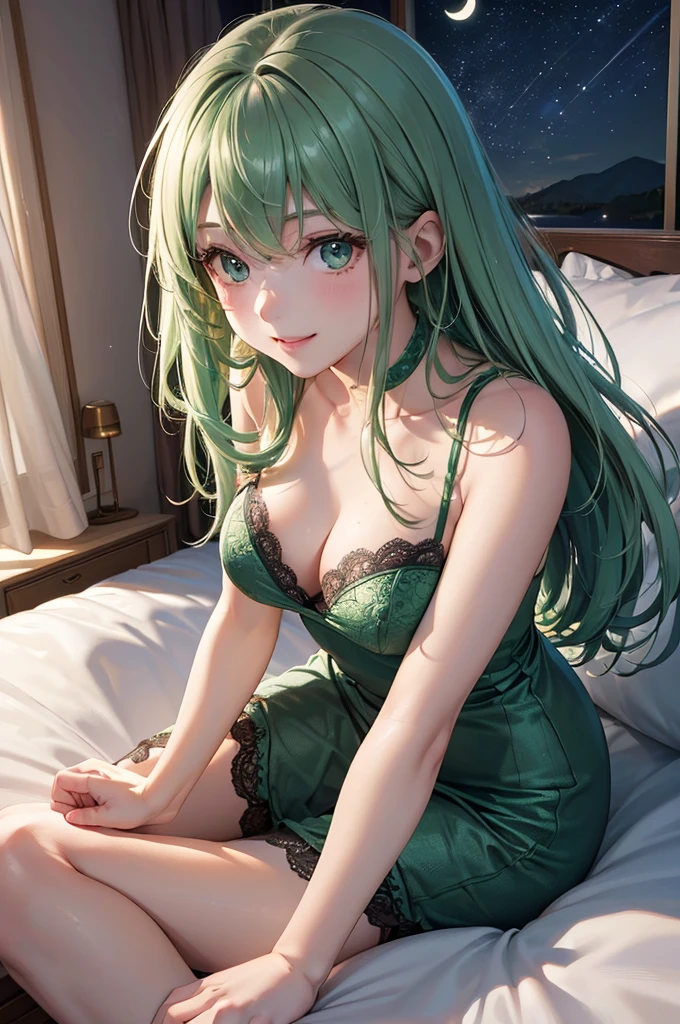 (Best Quality,High resolution,8K,finelity detailed background,Masterpiece:1.2),beautiful girl,Shiny green hair,messy hair,Green Eyes,Gentle look,爽やかなsmile,Best quality,Best Quality,Aesthetic and aesthetic:1.2,Best details((Super detailed))(High-definition CG illustrations),Glamorous grey underwear (gray,intricate lace),Slender body,night,night景,moon,Bedroom,On the bed,smile,blush,cute,Scrounge,Looking up,Being spoiled,super model,wariza,shoot from below