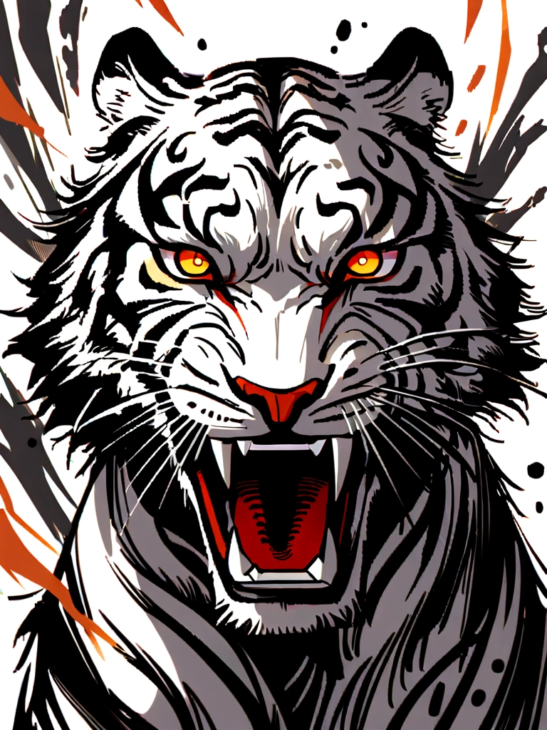 Black gray realistic tiger tattoo art with (((orange eyes))) Features an ink splash sketch effect, With his mouth open, he looked very fierce and angry，Chinese classical art style