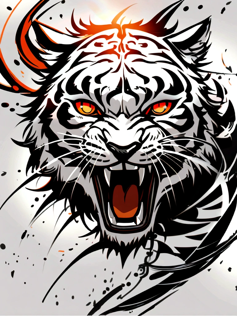 Black gray realistic tiger tattoo art with (((orange eyes))) Features an ink splash sketch effect, With his mouth open, he looked very fierce and angry，Chinese classical art style