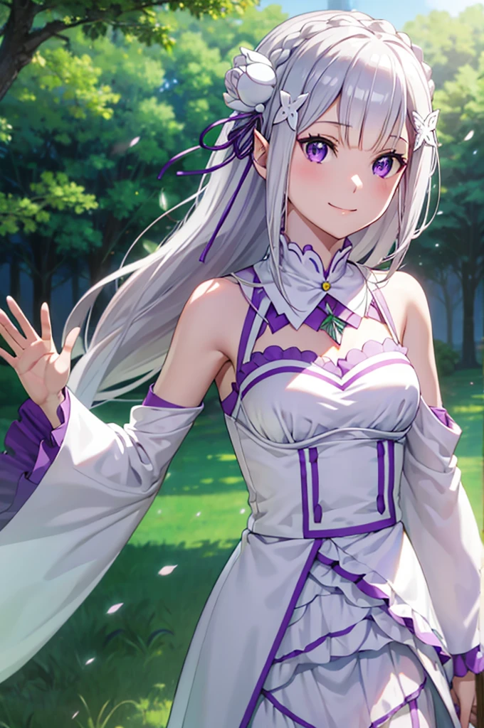 (masterpiece:1.3), (best quality:1.1), (8k, ultra detailed, ultra high res:1.2), ((anime style)), perfect 5 fingers, perfect ???????, 
1girl,
emilia\(re:zero\),
long hair, low-tied long hair, braid, crown braid, 
white hair, 
purple eyes, 
(pointy ears:0.8), 
flower, hair flower, hair ornament, hair ribbon, white flower, x hair ornament, 
BREAK ??????????????, 
dress, pink dress, ???? shoulders, detached collar, long sleeves, shoulder cutout, wide sleeves, white sleeves, 
(light smile:1.3), 
looking at viewer, 
upper body,  
BREAK standing, (Waving hand:1.3), outdoor, forest, sky, summer, 