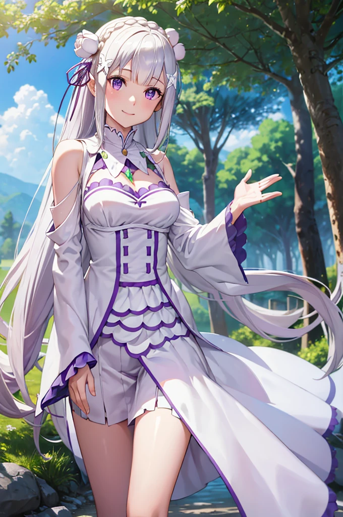 (masterpiece:1.3), (best quality:1.1), (8k, ultra detailed, ultra high res:1.2), ((anime style)), perfect 5 fingers, perfect anatomy,
1girl,
emilia\(re:zero\),
long hair, low-tied long hair, braid, crown braid,
white hair,
purple eyes,
(pointy ears:0.8),
flower, hair flower, hair ornament, hair ribbon, white flower, x hair ornament,
BREAK medium breasts,
dress, pink dress, bare shoulders, detached collar, long sleeves, shoulder cutout, wide sleeves, white sleeves,
(light smile:1.3),
looking at viewer,
upper body,
BREAK standing, (Waving hand:1.3), outdoor, forest, sky, summer,