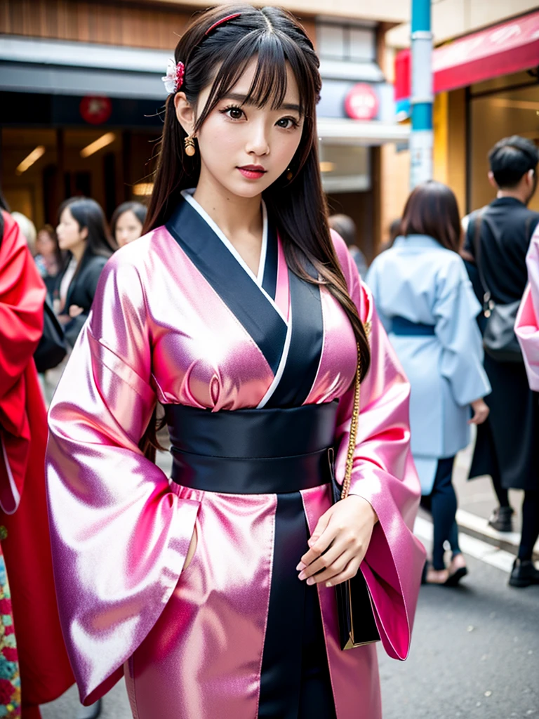 high quality, high resolution, Scenery of the city,Lots of girls,She is wearing a long-sleeved kimono made of super shiny enamel fabric.,The girls in the background are all wearing furisode kimonos made from super shiny enamel fabric.,全ての振袖は腰から下が腰まで切れ上がった超High legレオタードになっている,Wearing black shiny stockings,The color of the kimono is random,Heavy brainwashing makeup,Dark eyeshadow,Shiny red lipstick,Long-sleeved leotards are everyday wear,High leg,Bite