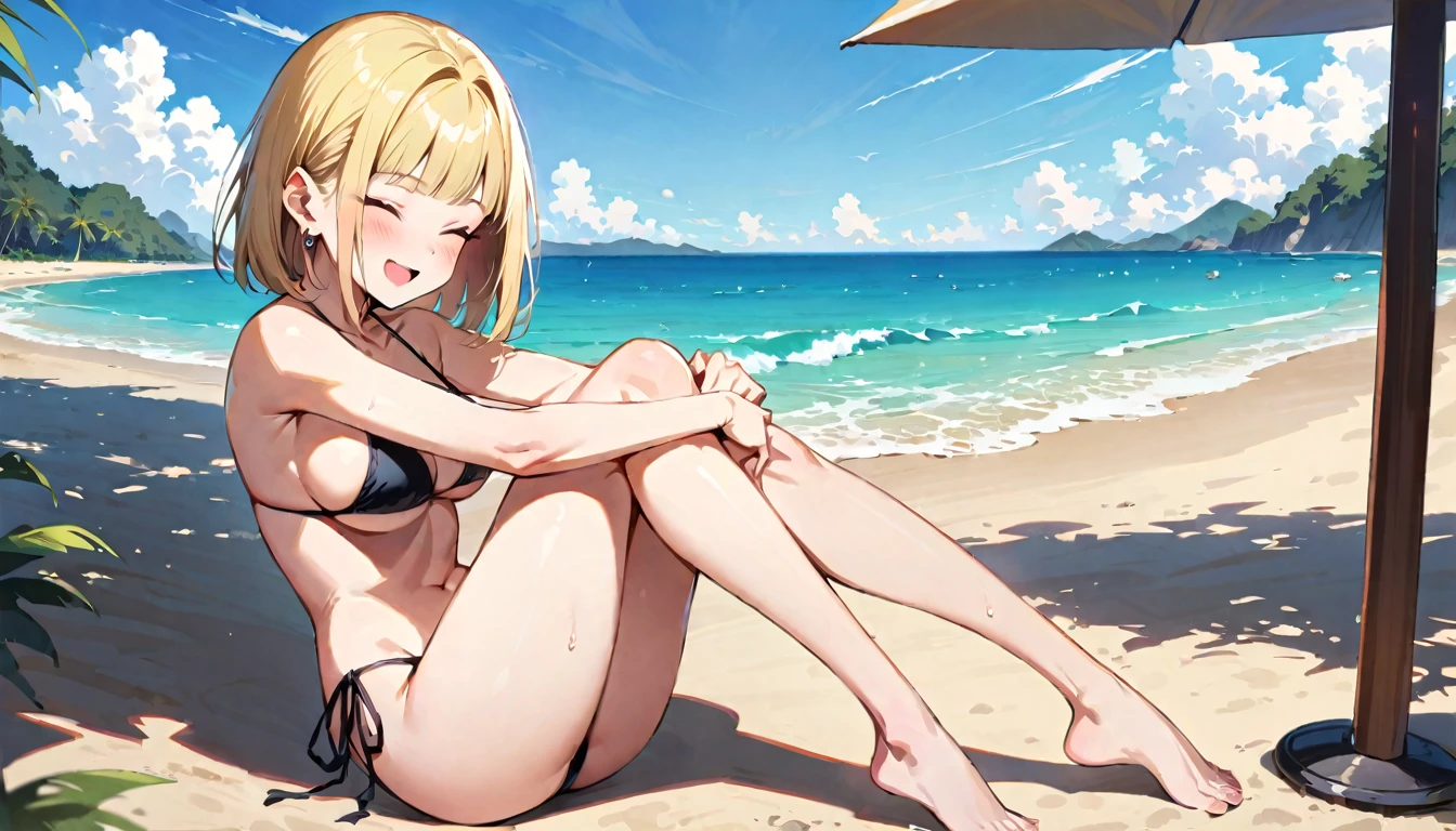 (masterpiece, best quality:1.2), full body, (solo), Android 18 from Dragon Ball, 20s, ((string bikini, black bikini)), sitting, (hugging own legs), medium breasts, blunt bangs, short blonde hair, (close eyes), earrings on earlobes, slender feminine figure, skinny body, blush, sky, magnificent view, blur background, 4K, open mouth, beach, side-tie bikini bottom, smile, Sandy Beach, highleg bikini, barefoot, side boob, facing viewer, knees up, beautiful butt, front view,