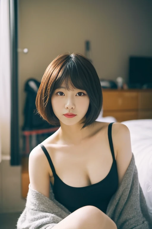 Bedroom、There is a woman sitting with her hair pulled back., Open long T-shirt、((I don't wear anything on my lower body))、Sitting on the bed、red、shikamimi, Korean Girls, sakimichan, beautiful south Korean women, Korean women, Yoshitomo Nara, For whom?, harumi, Short hair, Park Jimin, Choi Hong-hwa, narumi kakinouchi、Short Hair、Loose and fluffy hair、