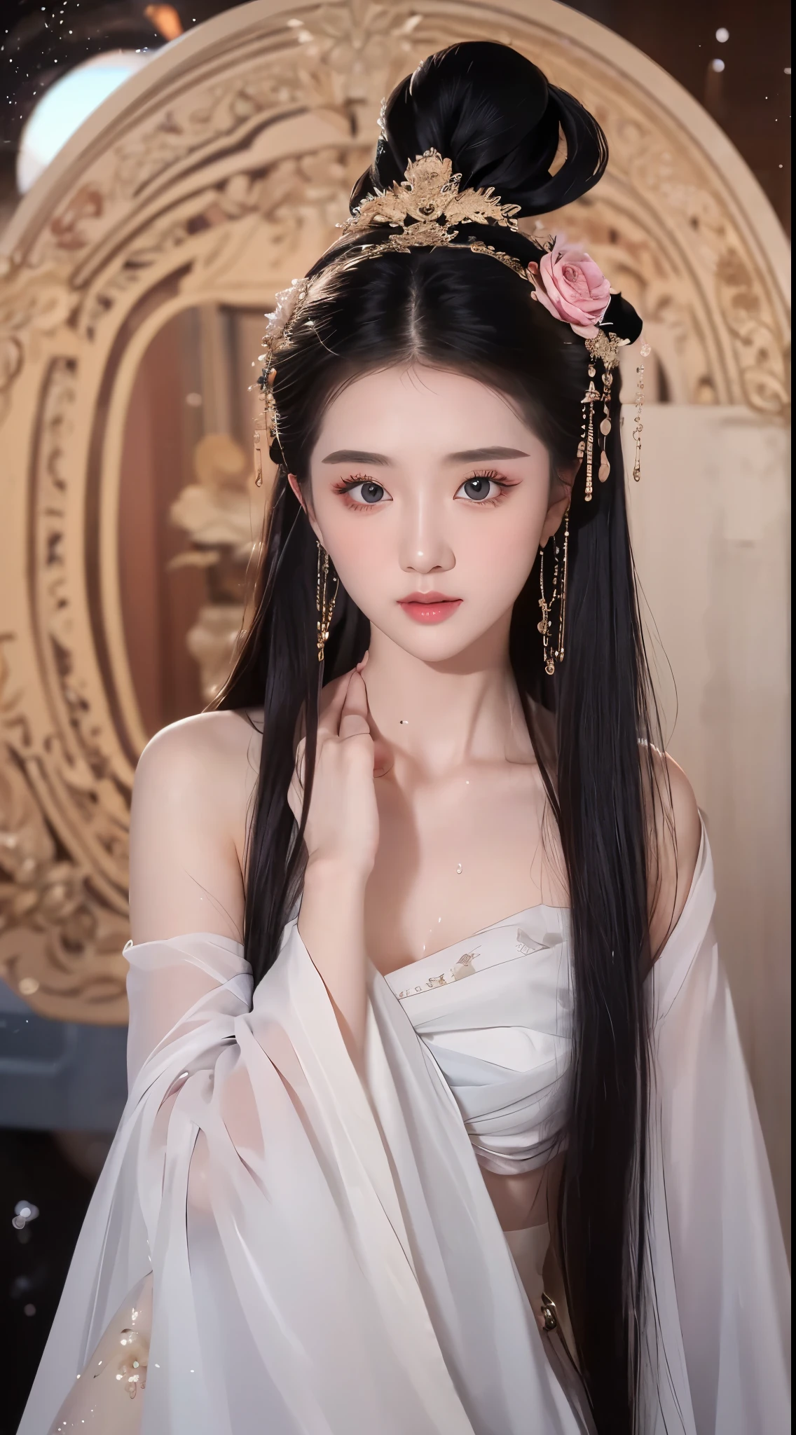 1 20-year-old girl, The flawless face of the goddess Athena, Beautifully 饰有许多性感的黑色蕾丝细节, Legend of the Female Saint, Beautiful goddess style glitter, Dark Mystery Version, Beautifully and beautiful pino detailing, Beautifully and beautiful lip detail, (Pure and flawless face: 1.9), Round chest, big, Round chest, Beautiful clear face and well-proportioned eyes, (Transparent eyes: 1.8), (bigbig的圆眼睛和浓妆, Sexy wet eye makeup, Very beautiful and exquisite hair and makeup, long and Beautifully blonde hair, Beautifully, Body Image: 1.8), vivid, (Stars in the sky: 1.7), (The sky and the illusory time and space gate: 1.8), Fictional Art, original photo, hanfu photos, Best photos, high resolution, best quality, Best photos, Best goddess quality, 8K female, Super 8 Single Saint Portrait, The most realistic color scheme, masterpiece, Best Beauty Brands, The best hair accessory, Live-action photos of the brand, Dark Studio, Border Light, Two-color lighting, (Rose White Skin: 1.4), (High Skin Detail: 1.1), 8k ultra high definition, SLR camera, Soft lighting, 8K, high quality, Honesty, Volume is smooth and sharp, 10 times more pixels, Sexy goddess, Sexy goddess背景空间: 1.8), (最美的aurora眼: 1.7), beautiful eyes, aurora(aurora)Beautiful single girl: 1.8), (More detail:0.8),