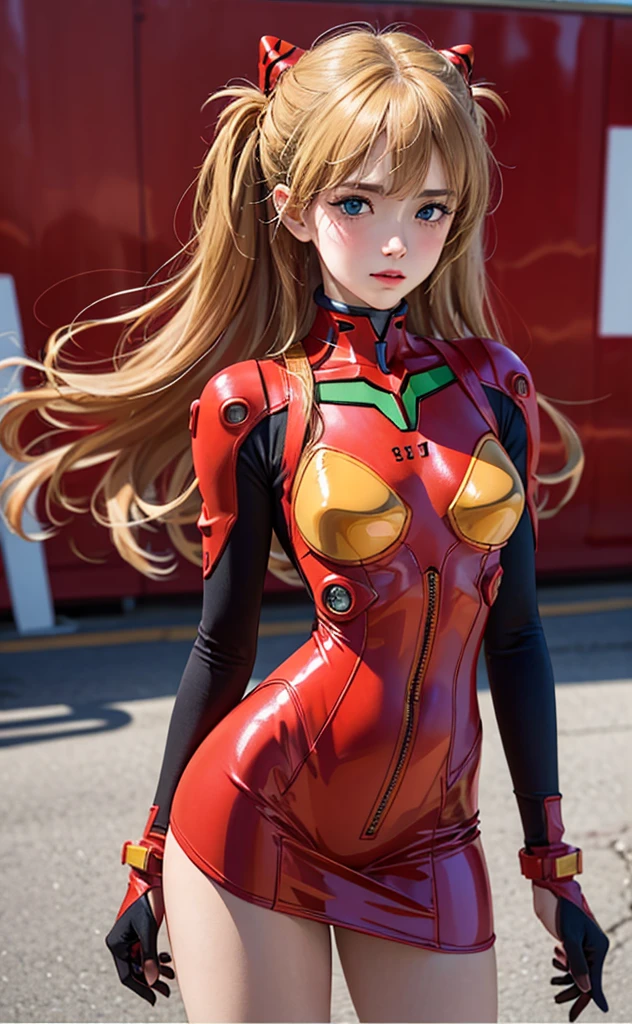 (masterpiece: 1.4, top quality), (intricate details), Unity8k 벽지, very detailed, beautiful and mysterious, detailed background, realistic, alone, A face with perfect detail, detailed blue eyes, very detailed, blush, headdress, mahogany hair bun, (blonde hair), plug suit 02,Shikinami Asuka Langley, Evangelion, slim 15 year old girl, Showing off her pussy in a latex miniskirt (((whole body)))