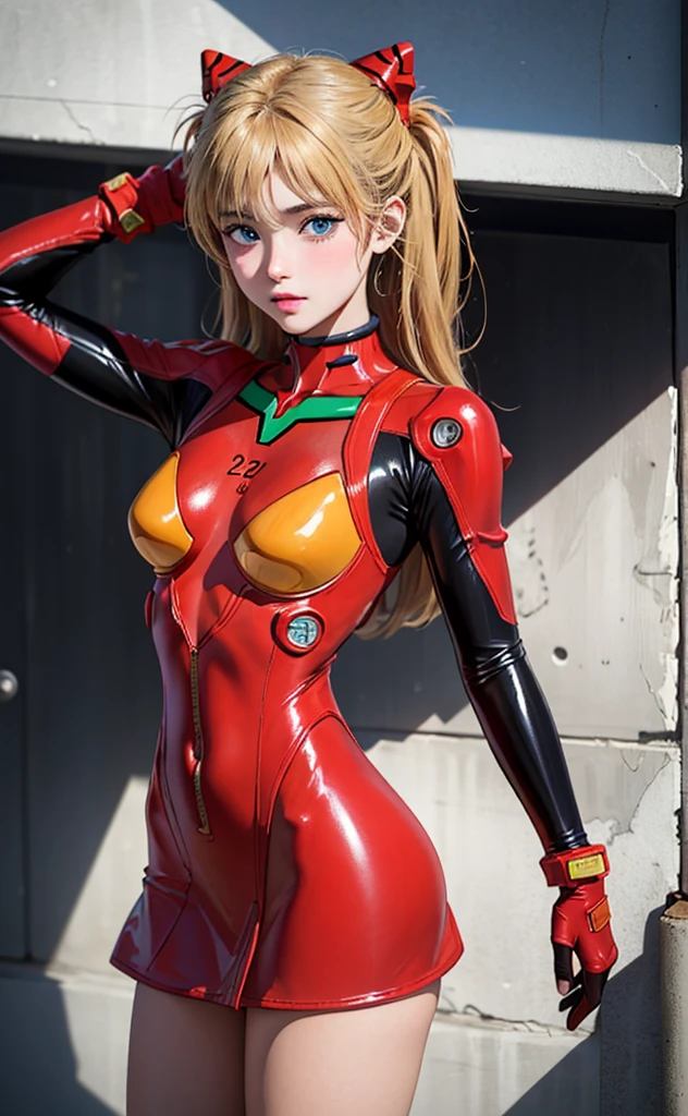 (masterpiece: 1.4, top quality), (intricate details), Unity8k 벽지, very detailed, beautiful and mysterious, detailed background, realistic, alone, A face with perfect detail, detailed blue eyes, very detailed, blush, headdress, mahogany hair bun, (blonde hair), plug suit 02,Shikinami Asuka Langley, Evangelion, slim 15 year old girl, Showing off her pussy in a latex miniskirt (((whole body)))